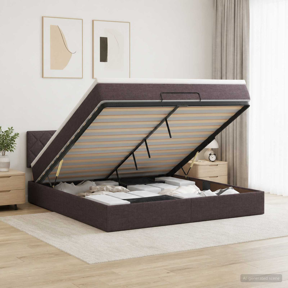 Lit ottoman avec matelas Marron foncé 140 x 200 cm Tissu