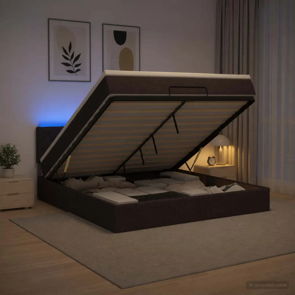 Lit coffre avec matelas et LED Marron foncé 140 x 200 cm Tissu - XIOS