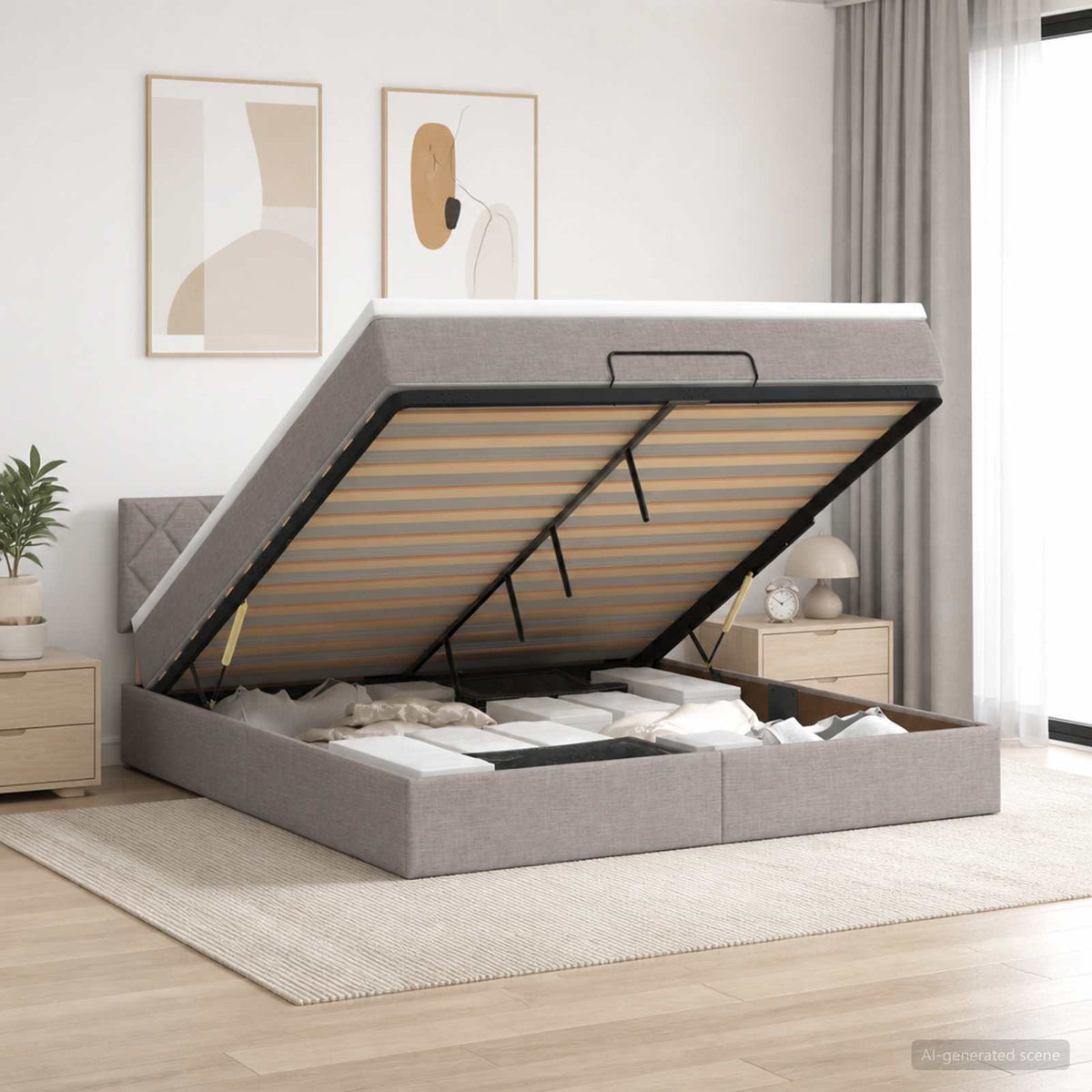 Lit ottoman avec matelas Taupe 140 x 190 cm Tissu