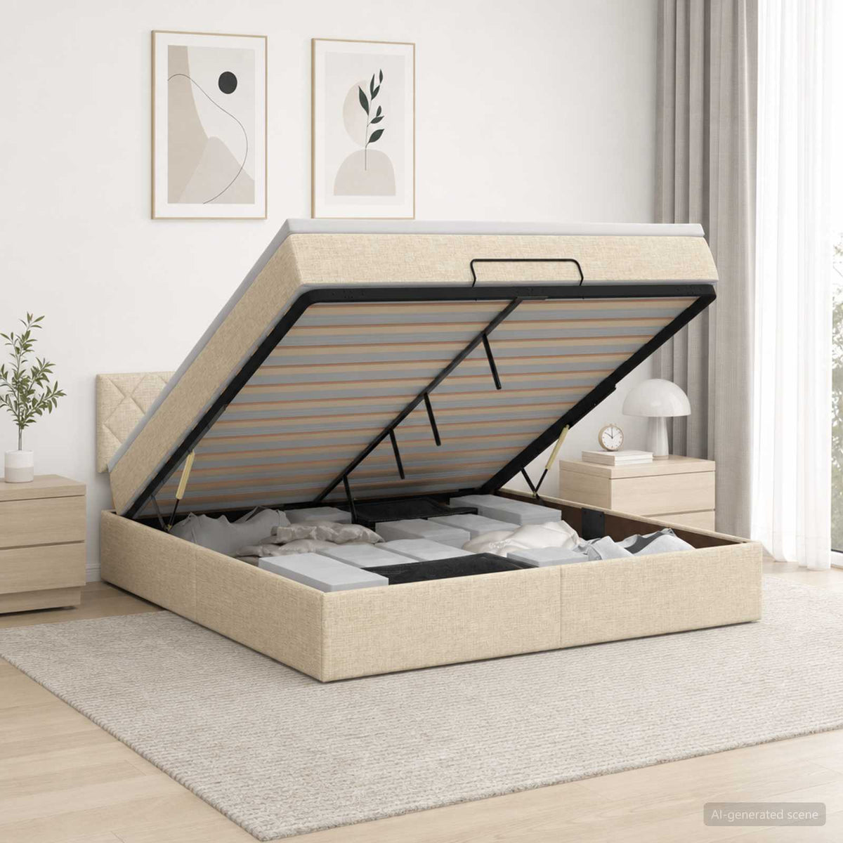 Lit ottoman avec matelas Crème 140 x 190 cm Tissu