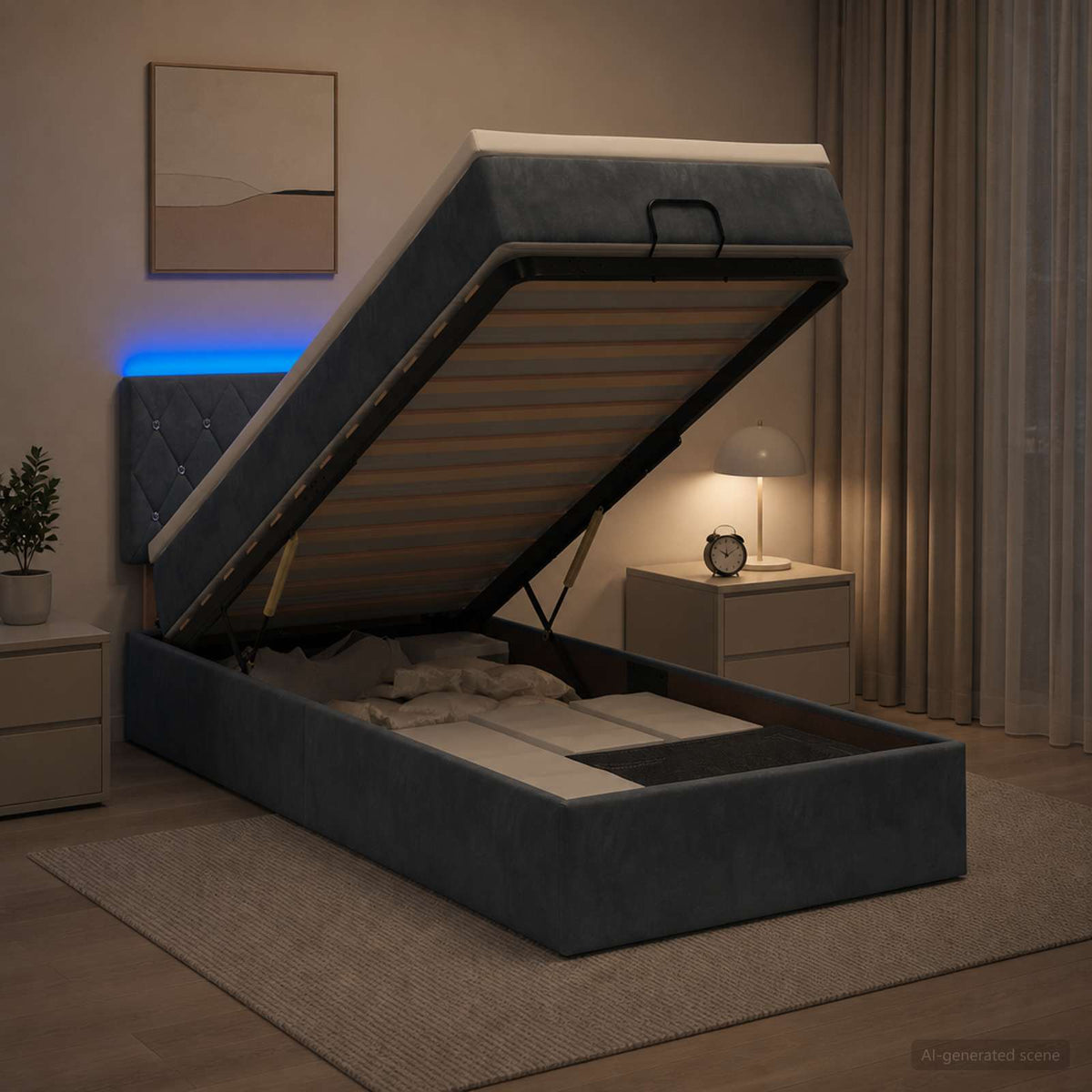 Lit coffre avec matelas et LED Gris foncé 90 x 190 cm Velours