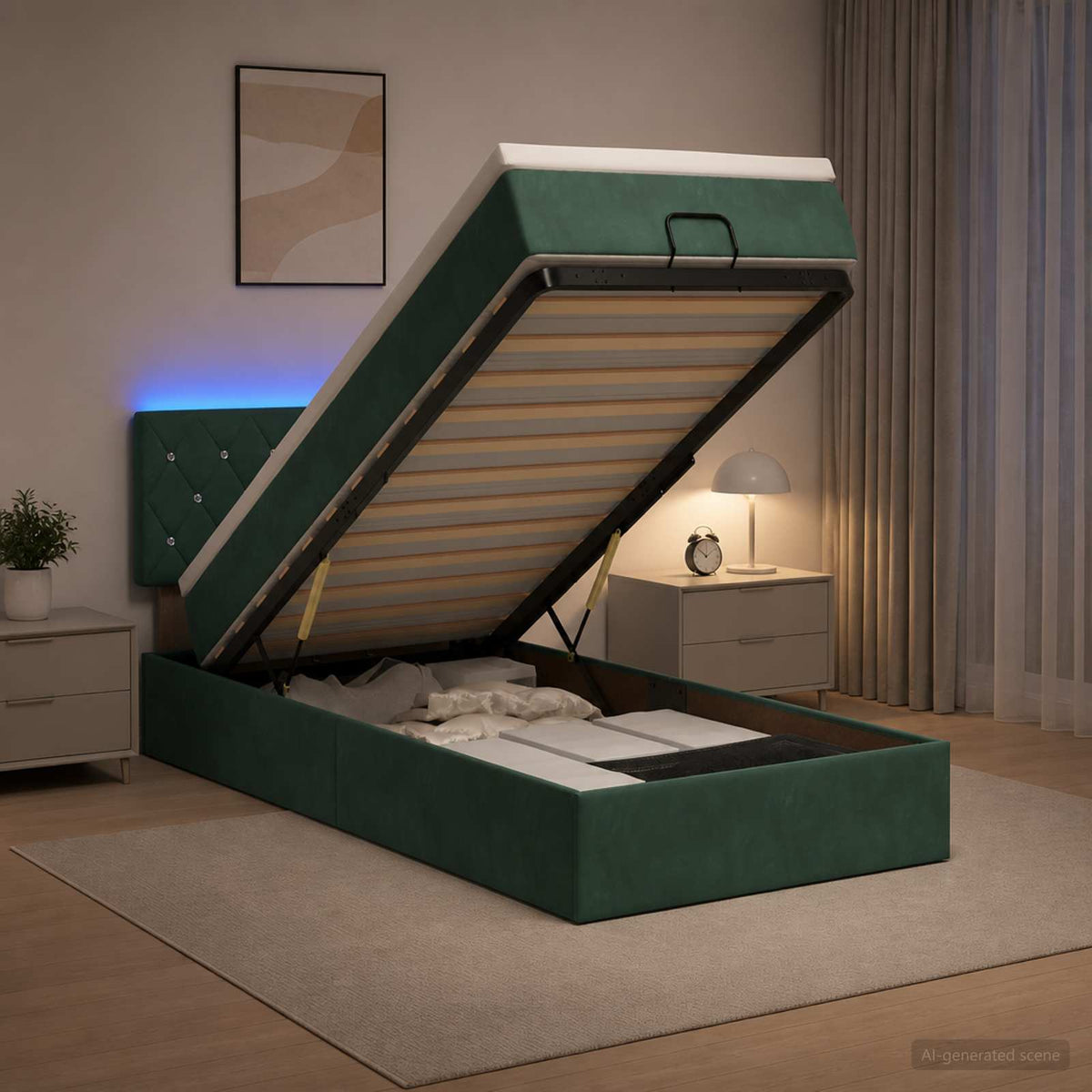 Lit coffre avec matelas et LED Vert foncé 90 x 190 cm Velours
