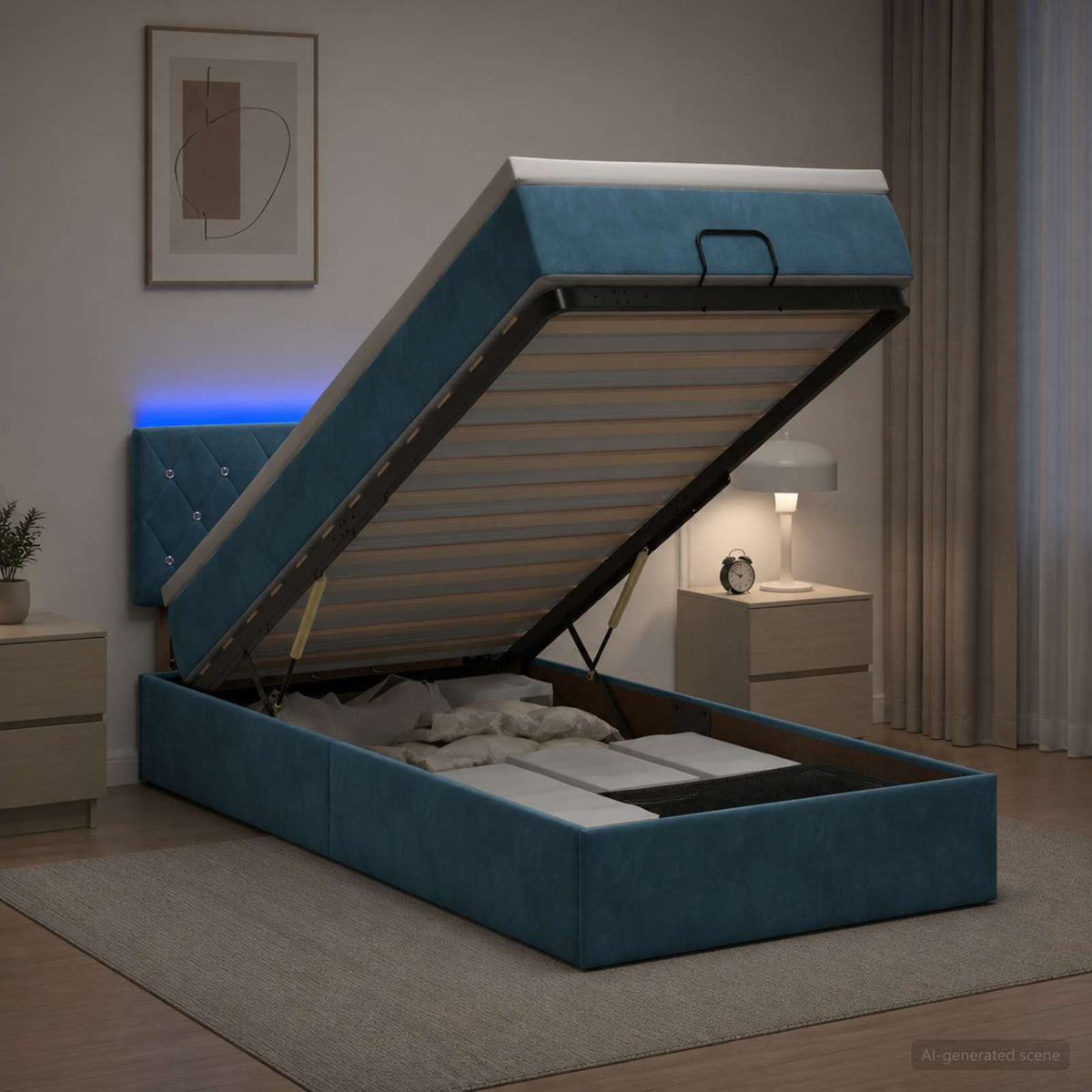 Lit coffre avec matelas et LED Bleu foncé 100 x 200 cm Velours