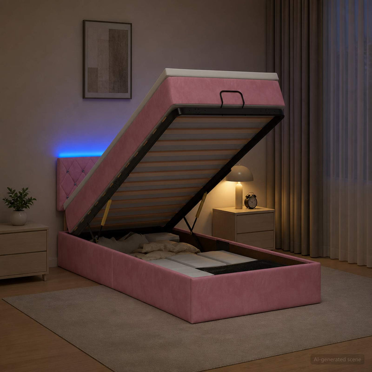 Lit coffre avec matelas et LED Rose 90 x 190 cm Velours