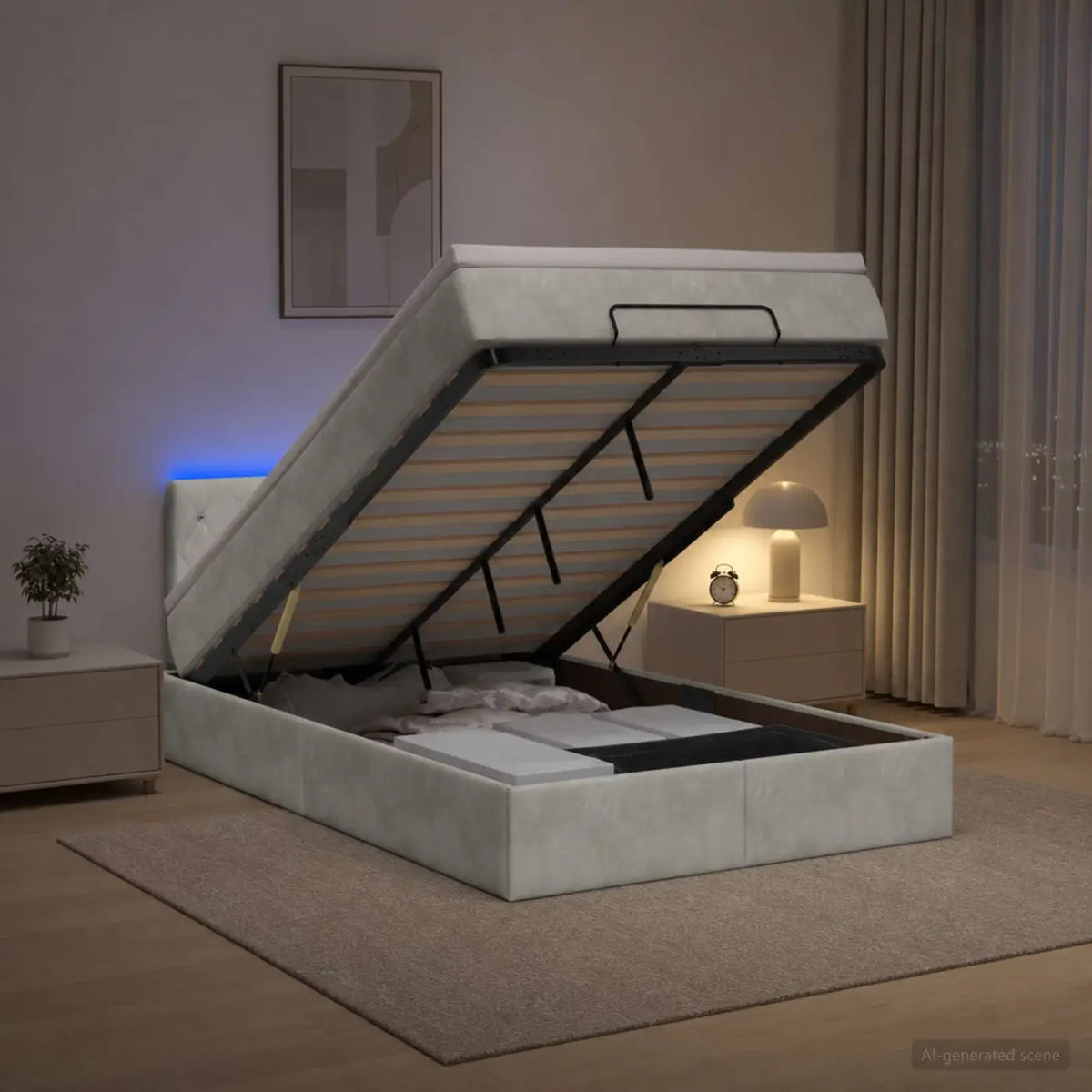 Lit coffre avec matelas et LED Gris clair 120 x 200 cm Velours - XIOS