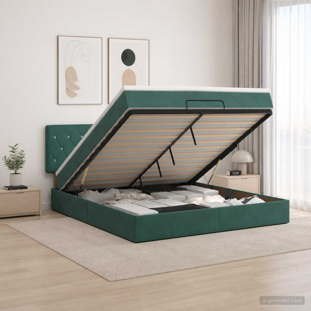 Lit coffre avec matelas et LED Vert foncé 140 x 200 cm Velours