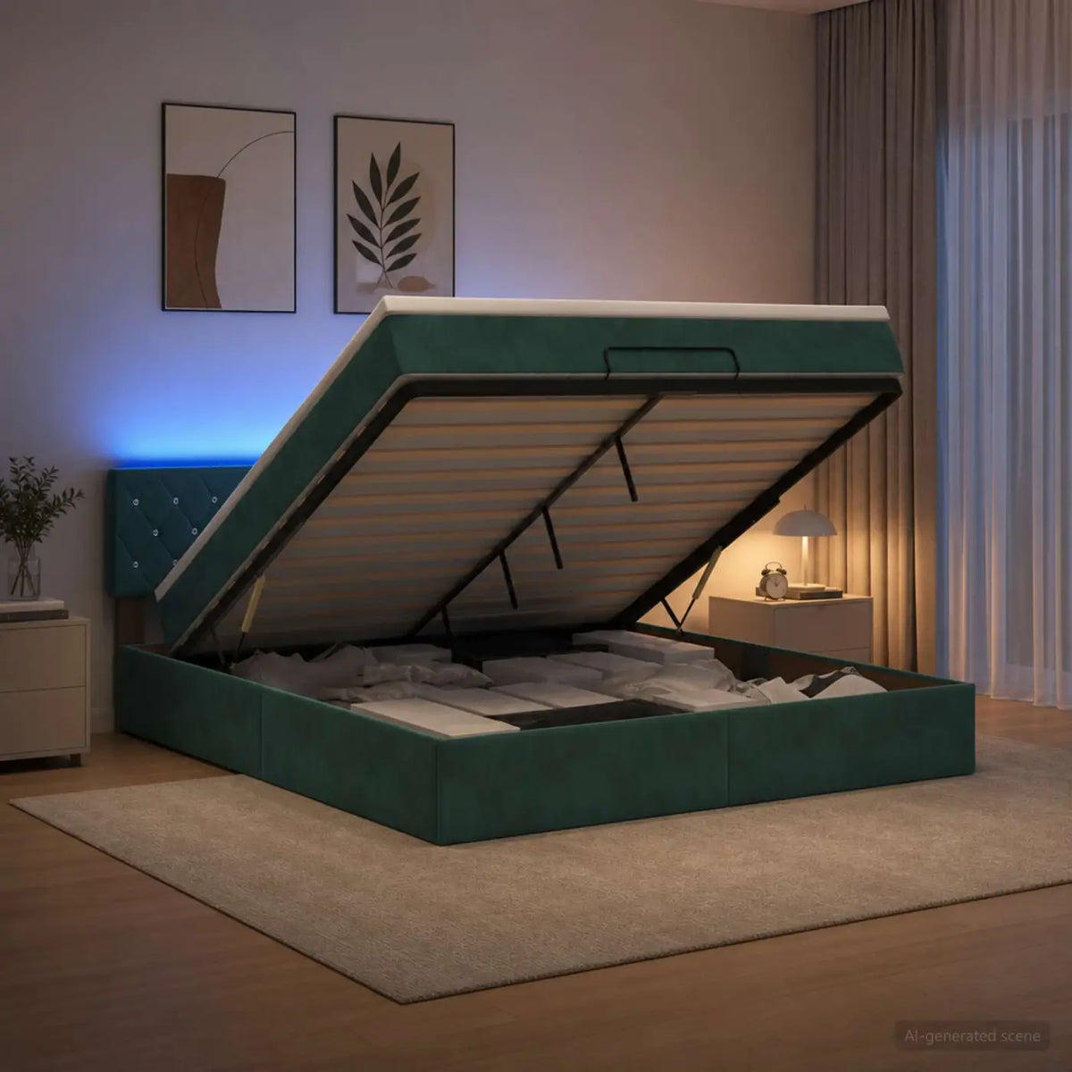 Lit coffre avec matelas et LED Vert foncé 140 x 200 cm Velours - XIOS