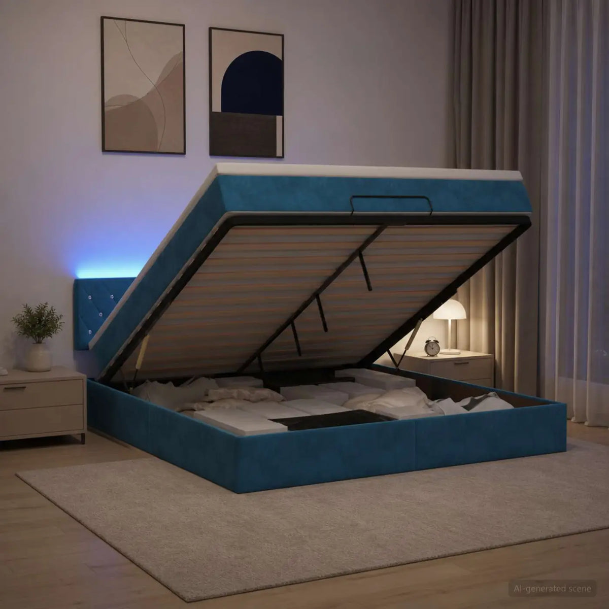 Lit coffre avec matelas et LED Bleu foncé 140 x 190 cm Velours - XIOS