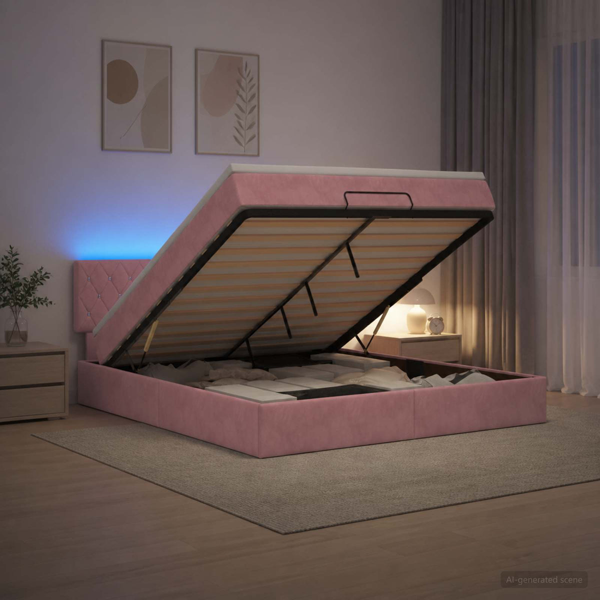 Lit coffre avec matelas et LED Rose 140 x 200 cm Velours