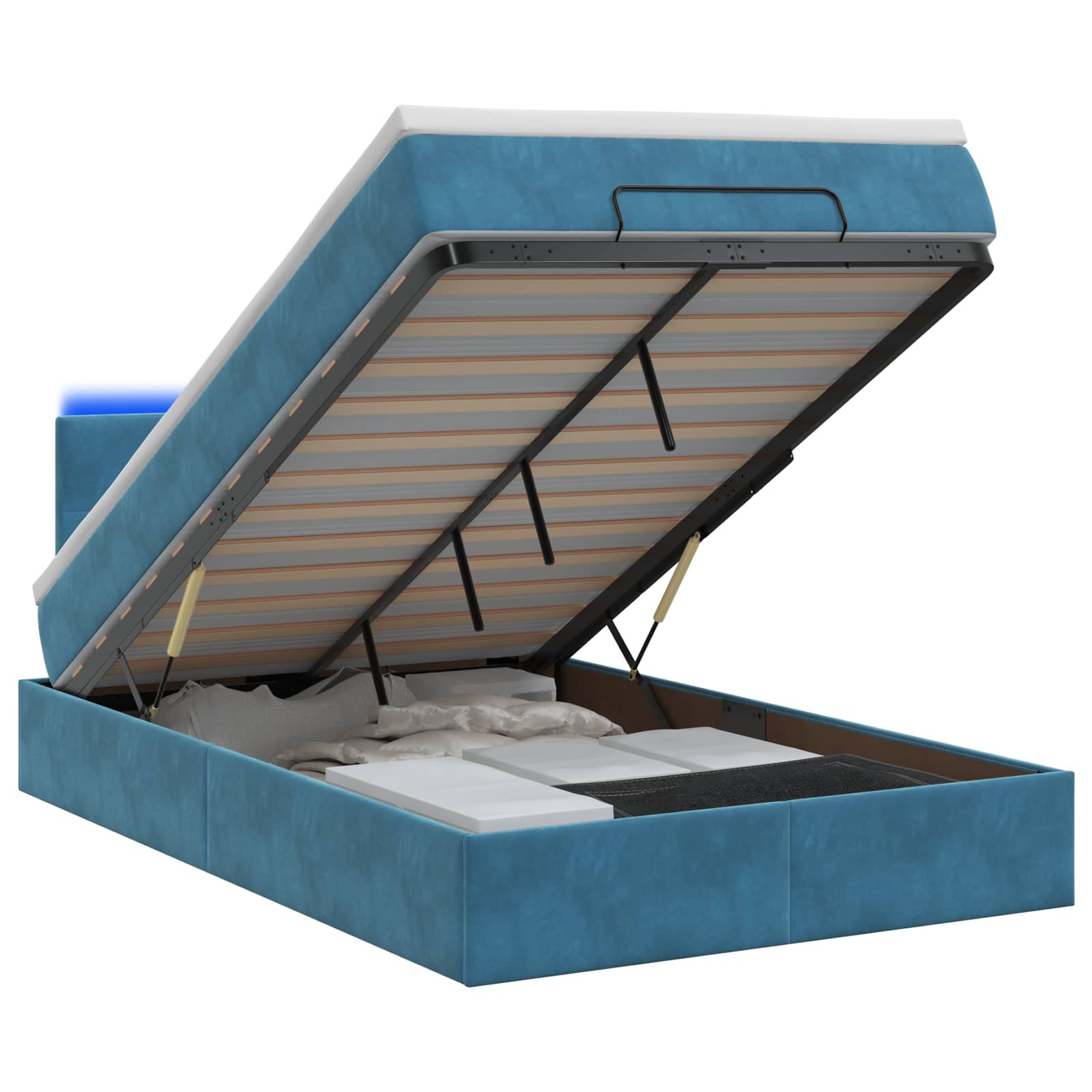Lit coffre avec matelas et LED Bleu foncé 120 x 190 cm Velours