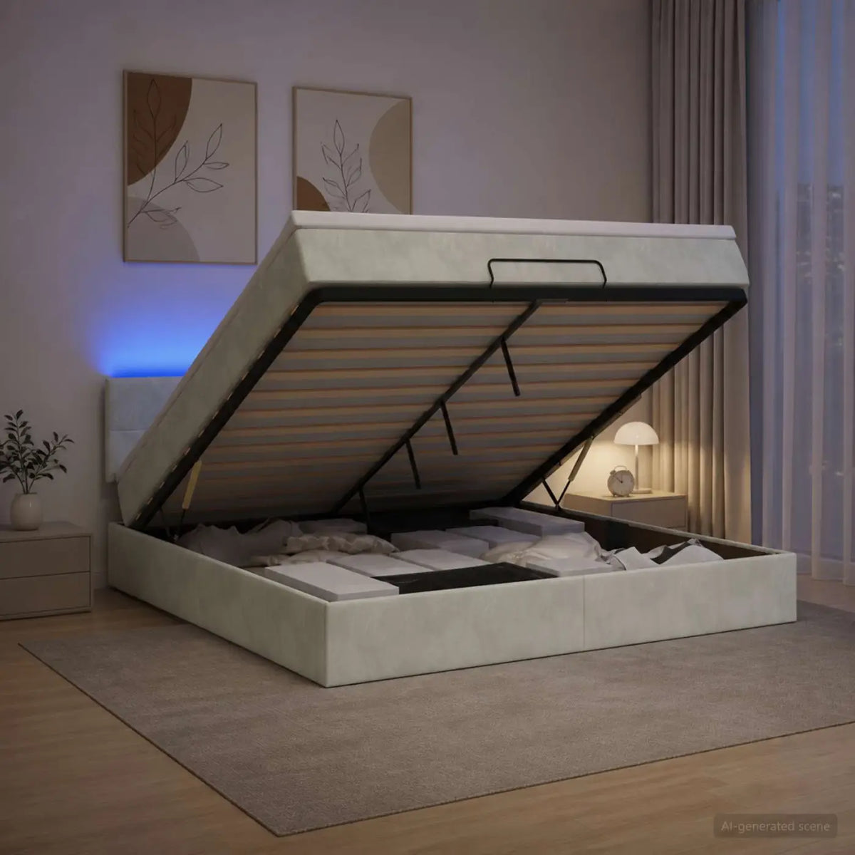Lit coffre avec matelas et LED Gris clair 140 x 190 cm Velours - XIOS