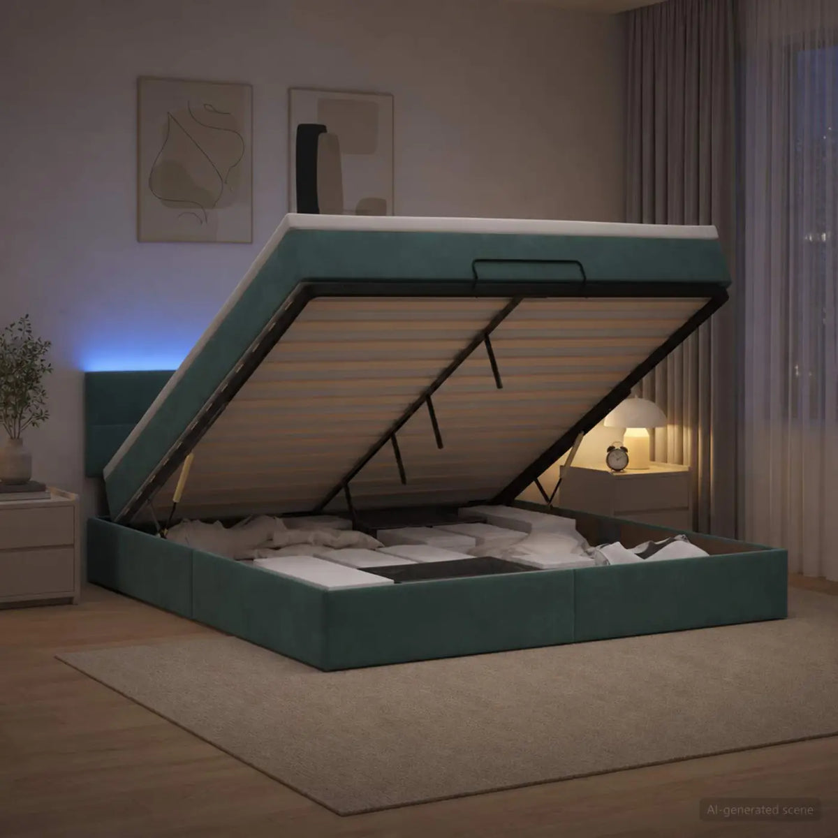 Lit coffre avec matelas et LED Vert foncé 140 x 190 cm Velours - XIOS
