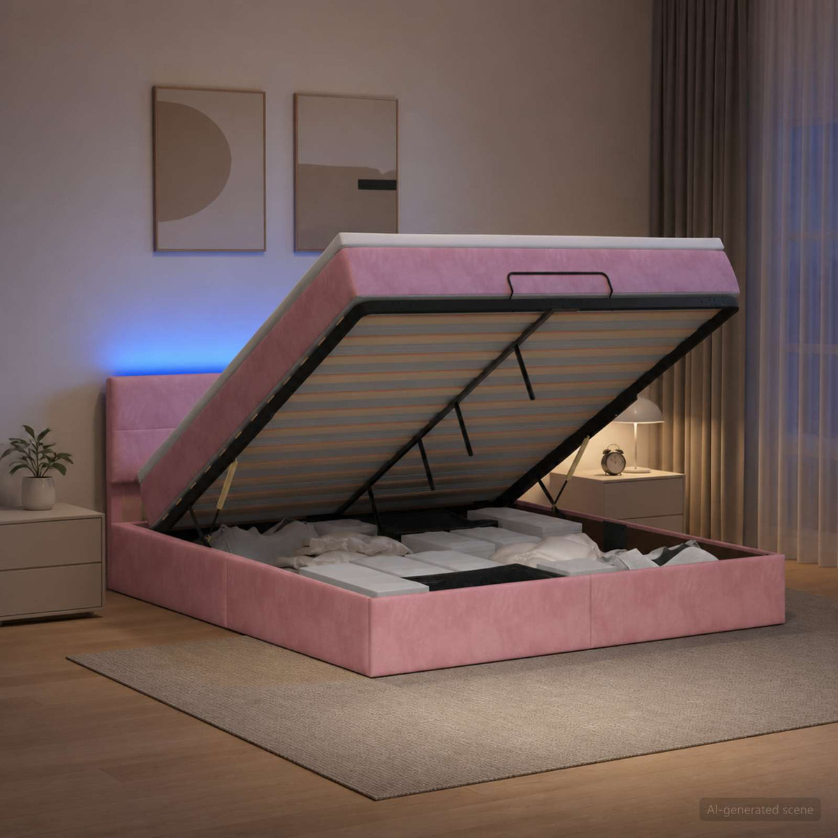 Lit coffre avec matelas et LED Rose 140 x 200 cm Velours