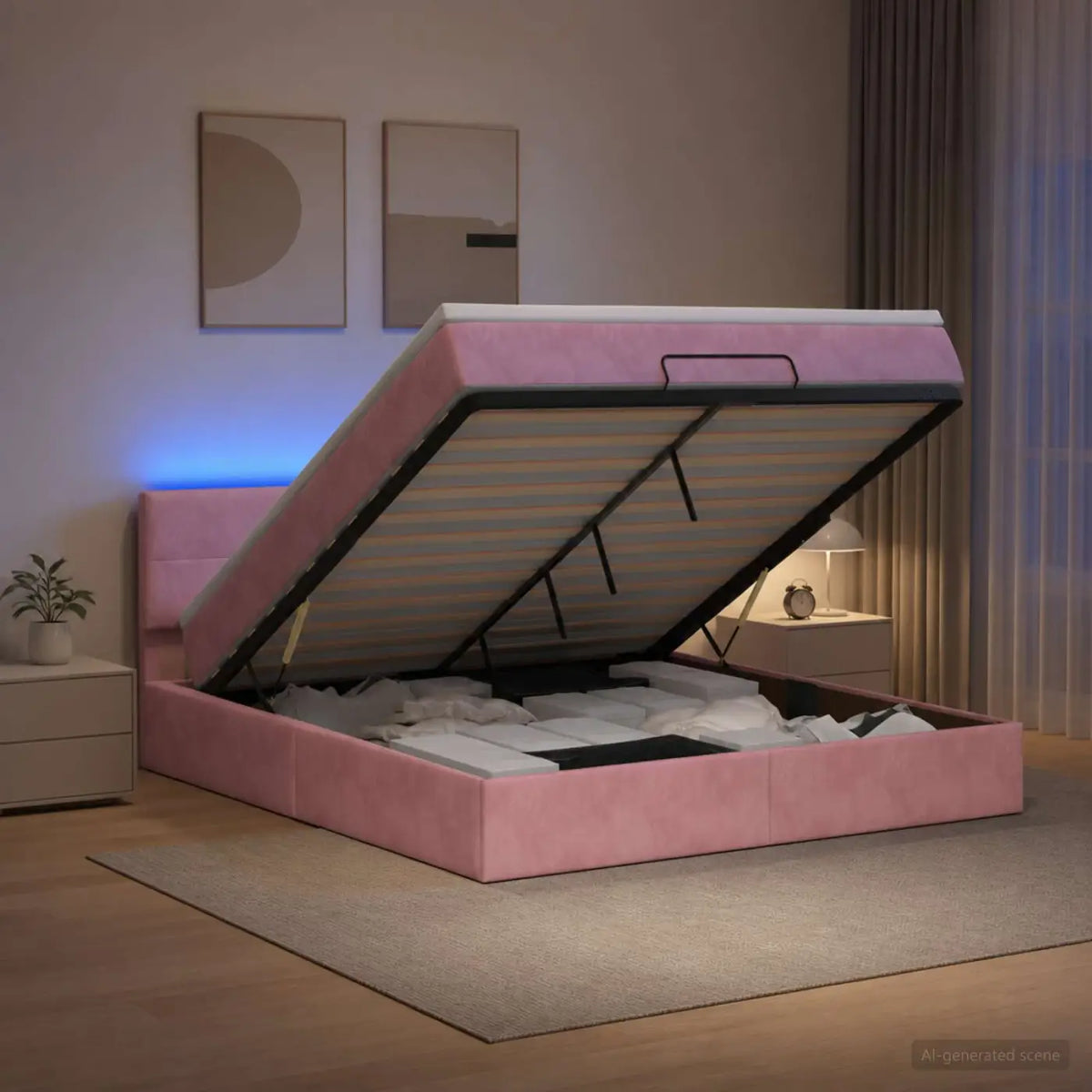 Lit coffre avec matelas et LED Rose 140 x 190 cm Velours - XIOS