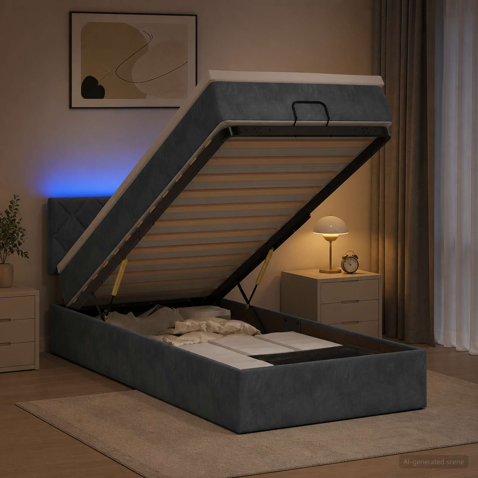 Lit coffre avec matelas et LED Gris foncé 100 x 200 cm Velours