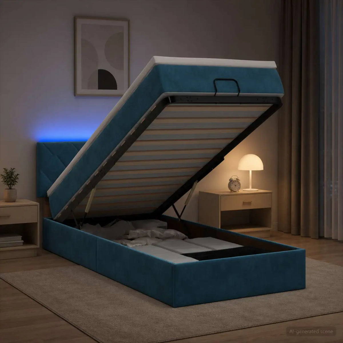 Lit coffre avec matelas et LED Bleu foncé 90 x 200 cm Velours - XIOS