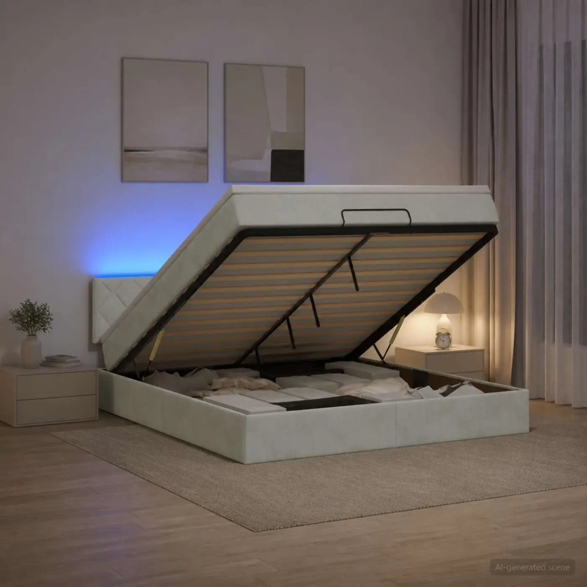 Lit coffre avec matelas et LED Gris clair 140 x 190 cm Velours - XIOS