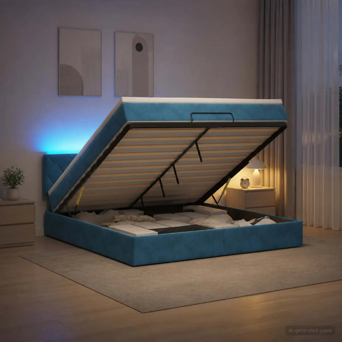 Lit coffre avec matelas et LED Bleu foncé 140 x 190 cm Velours - XIOS