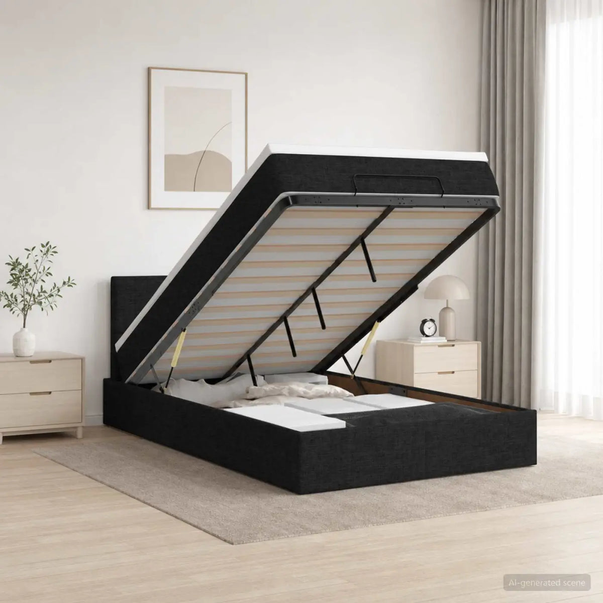 Lit coffre avec matelas et LED Noir 120 x 200 cm Tissu - XIOS