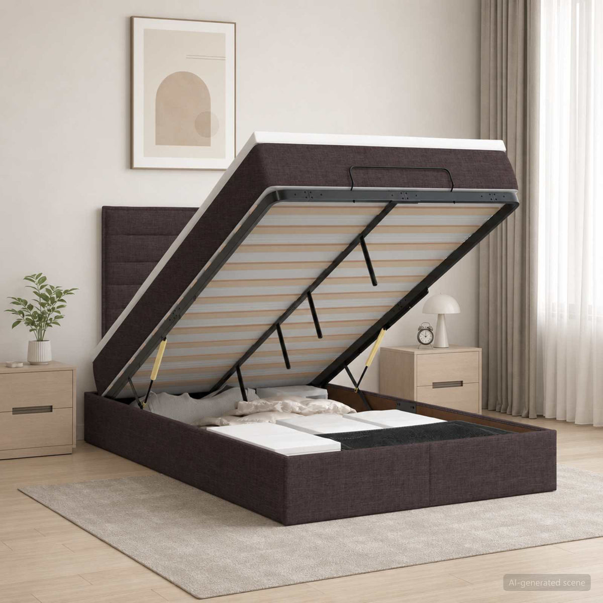 Lit coffre avec matelas et LED Marron foncé 120 x 200 cm Tissu