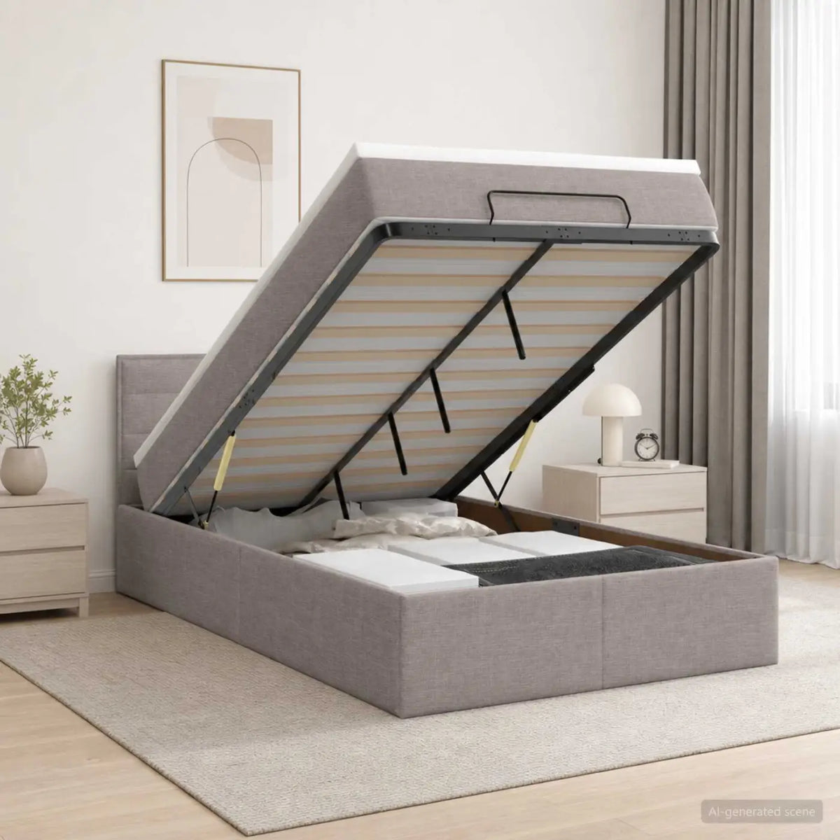 Lit coffre avec matelas et LED Taupe 120 x 200 cm Tissu - XIOS