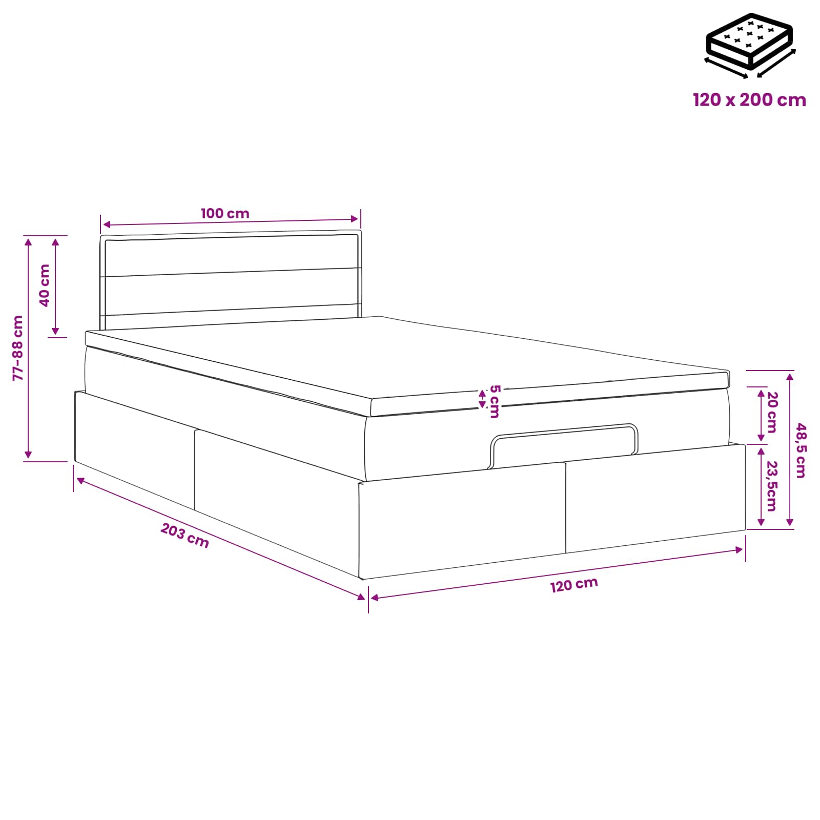 Lit ottoman avec matelas Gris foncé 120 x 200 cm Tissu