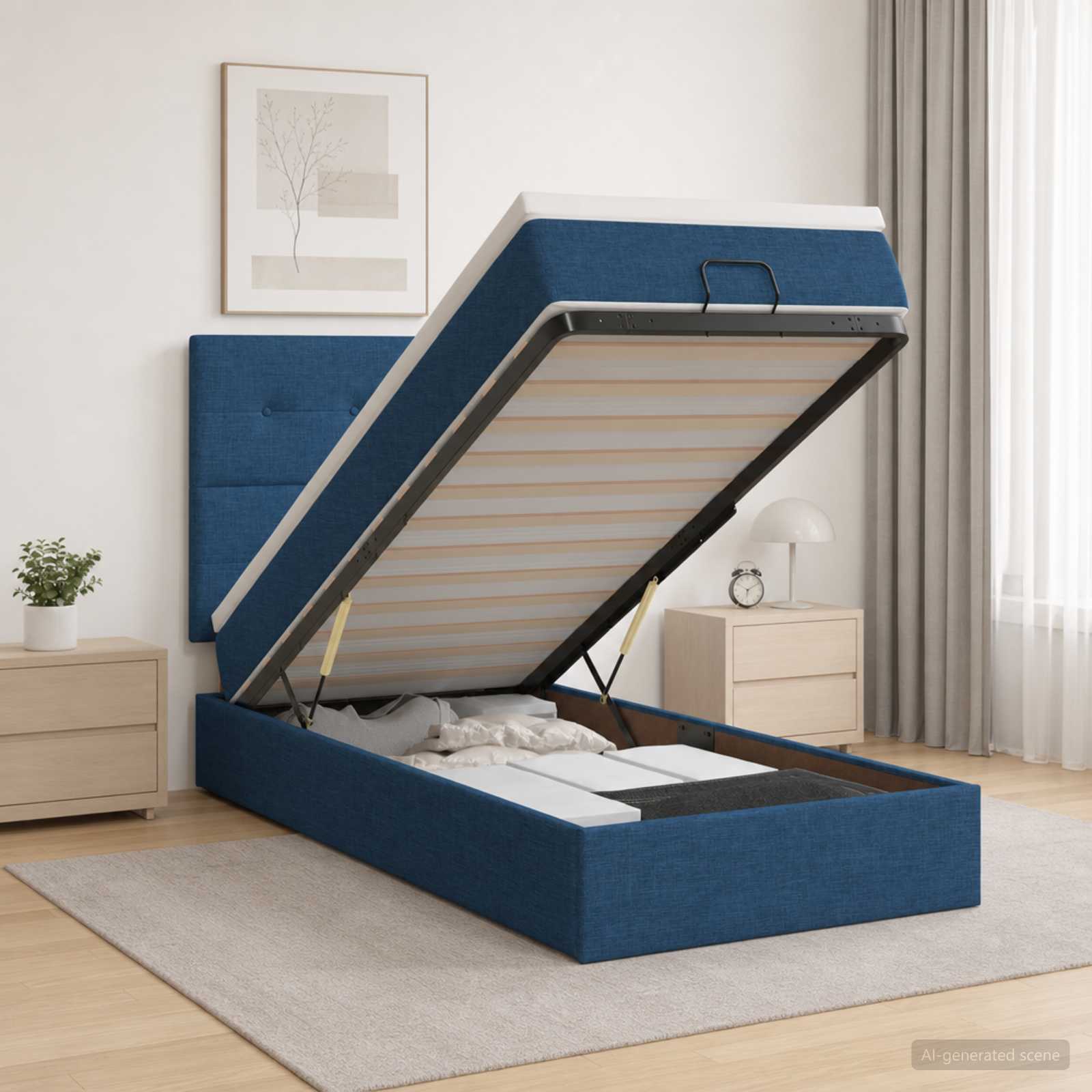 Lit coffre avec matelas et LED Bleu 90 x 190 cm Tissu