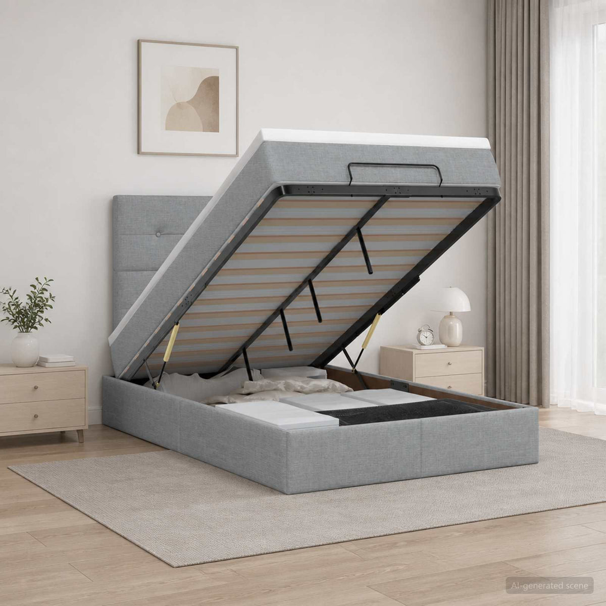 Lit coffre avec matelas et LED Gris clair 120 x 200 cm Tissu