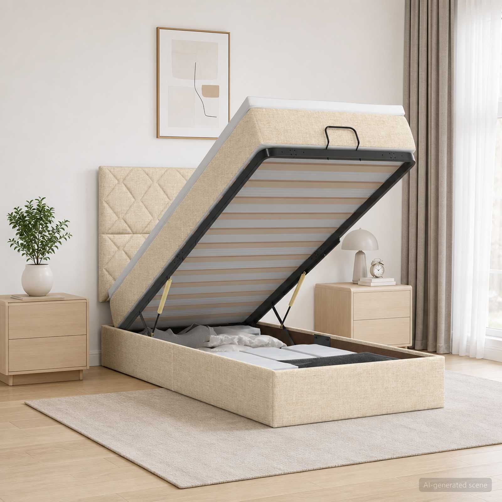 Lit coffre avec matelas et LED Crème 90 x 190 cm Tissu