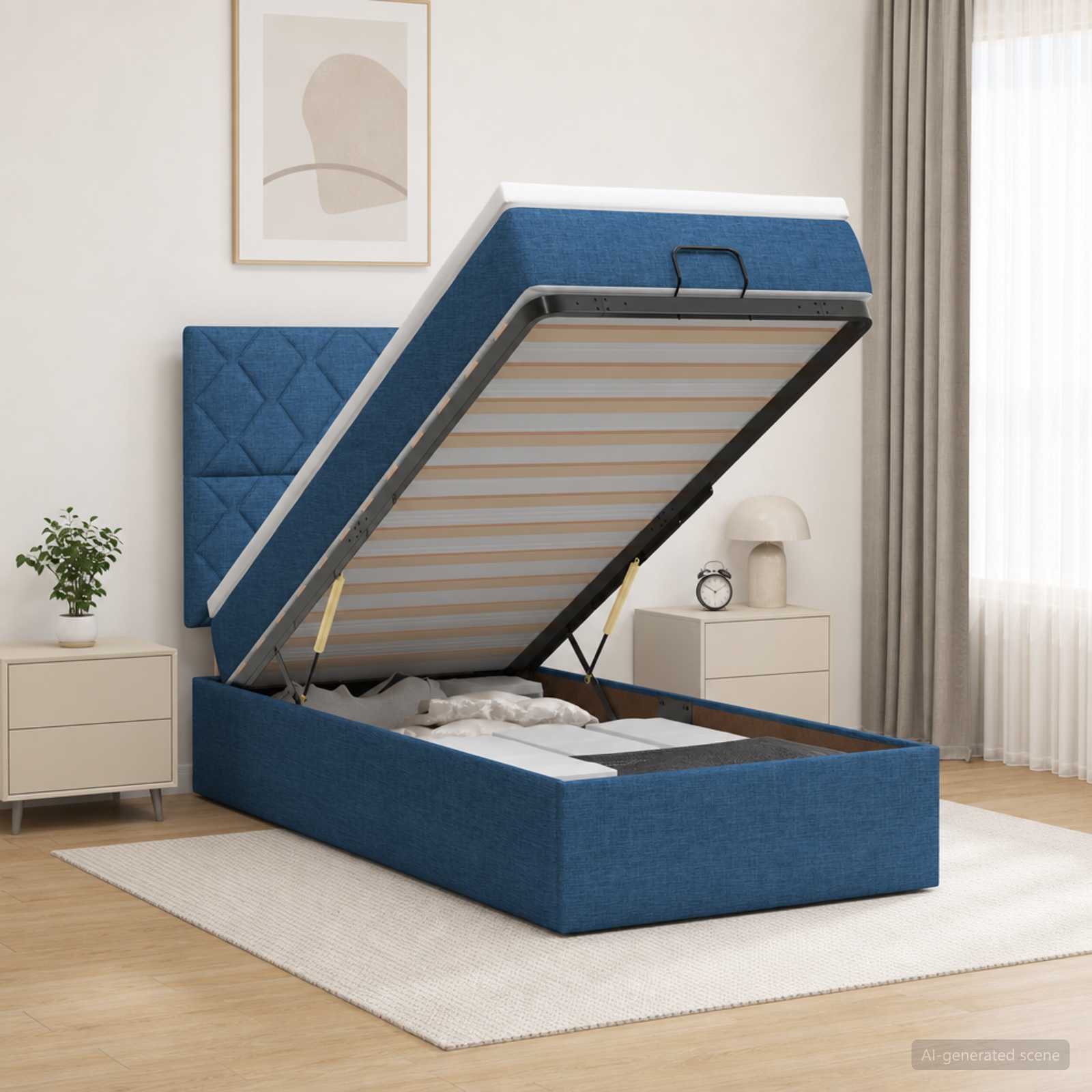 Lit coffre avec matelas et LED Bleu 90 x 190 cm Tissu - XIOS