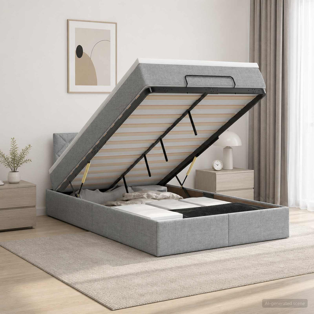 Lit coffre avec matelas et LED Gris clair 120 x 200 cm Tissu