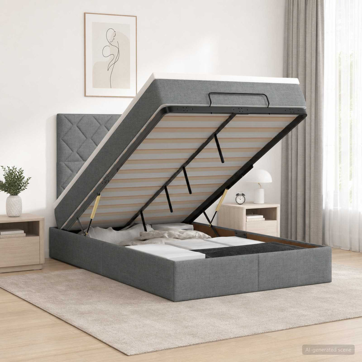 Lit coffre avec matelas et LED Gris foncé 120 x 190 cm Tissu