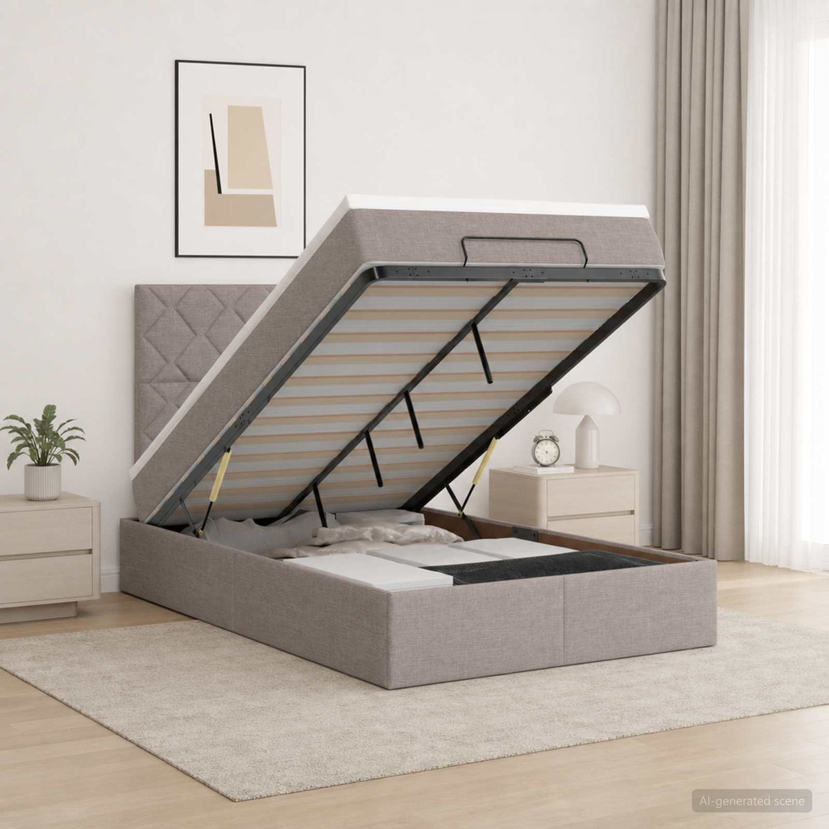 Lit coffre avec matelas et LED Taupe 120 x 190 cm Tissu