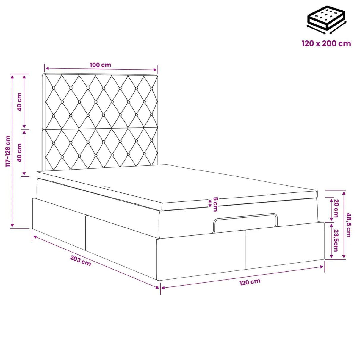 Lit ottoman avec matelas Noir 120 x 200 cm Velours - XIOS