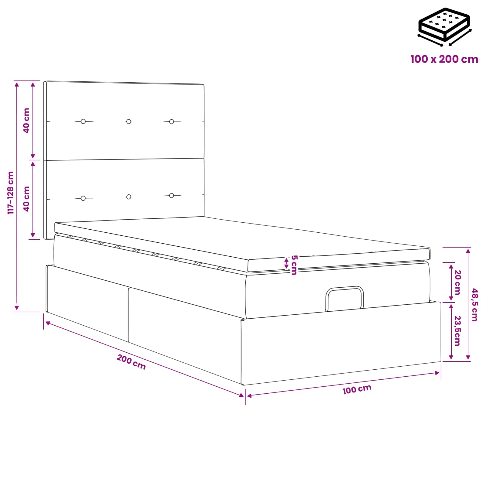 Lit ottoman avec matelas Gris clair 100 x 200 cm Velours - XIOS