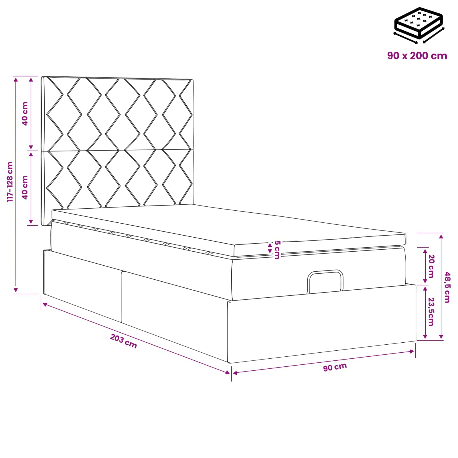 Lit ottoman avec matelas Rose 90 x 200 cm Velours - XIOS