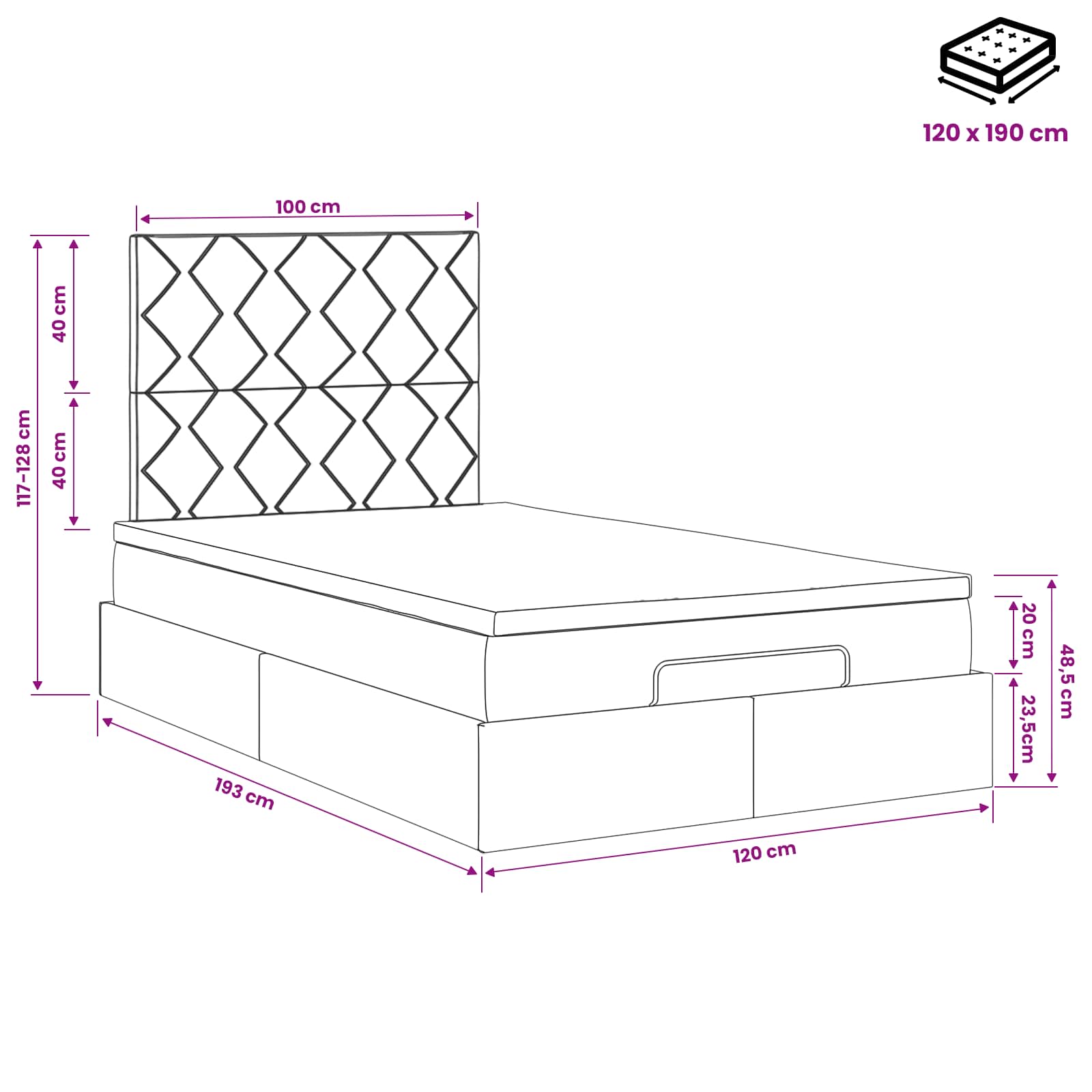 Lit ottoman avec matelas Bleu foncé 120 x 190 cm Velours
