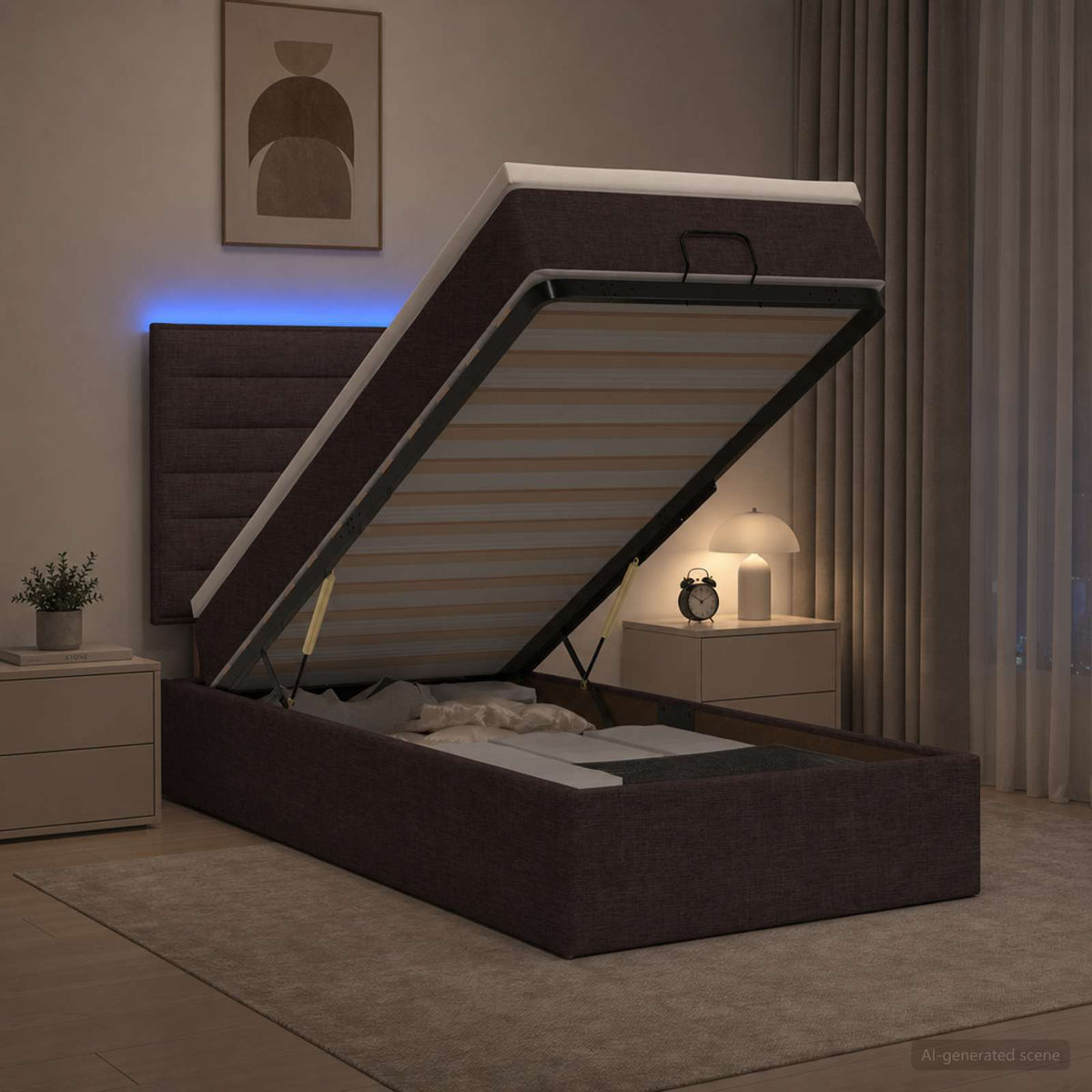 Lit coffre avec matelas et LED Marron foncé 90 x 200 cm Tissu
