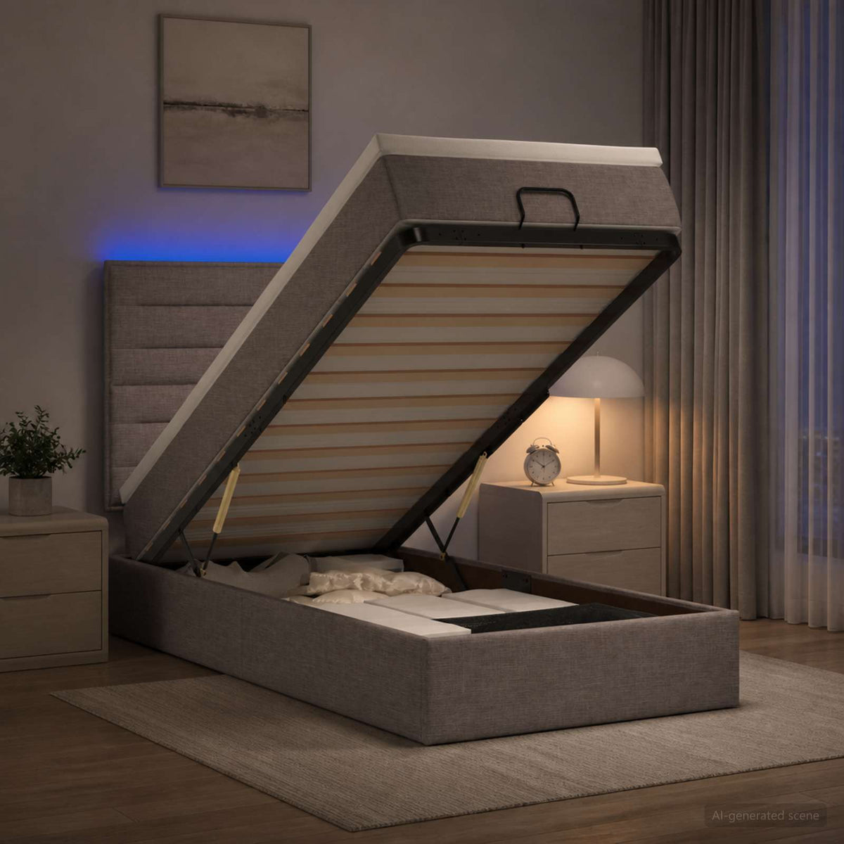 Lit coffre avec matelas et LED Taupe 90 x 200 cm Tissu