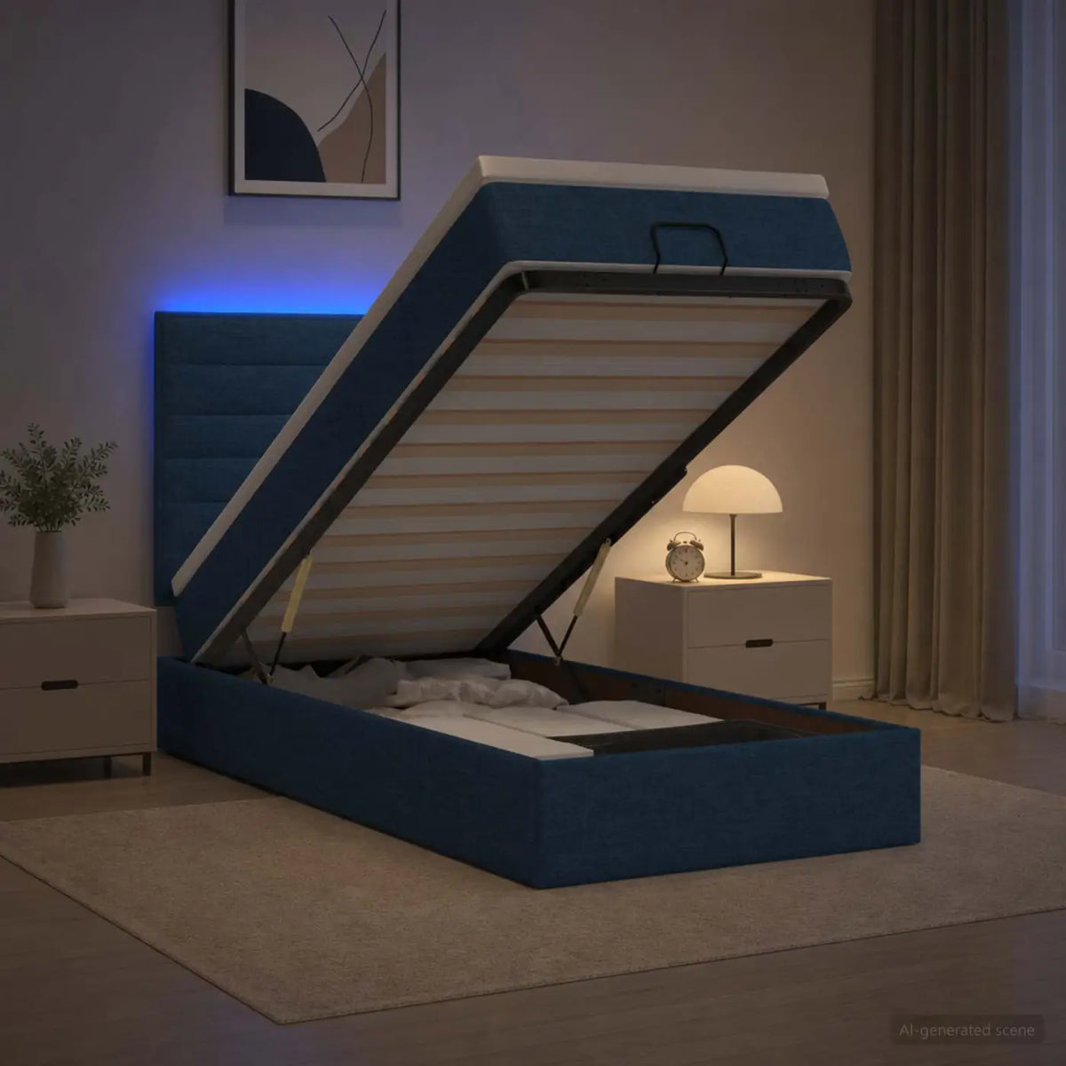 Lit coffre avec matelas et LED Bleu 80 x 200 cm Tissu - XIOS