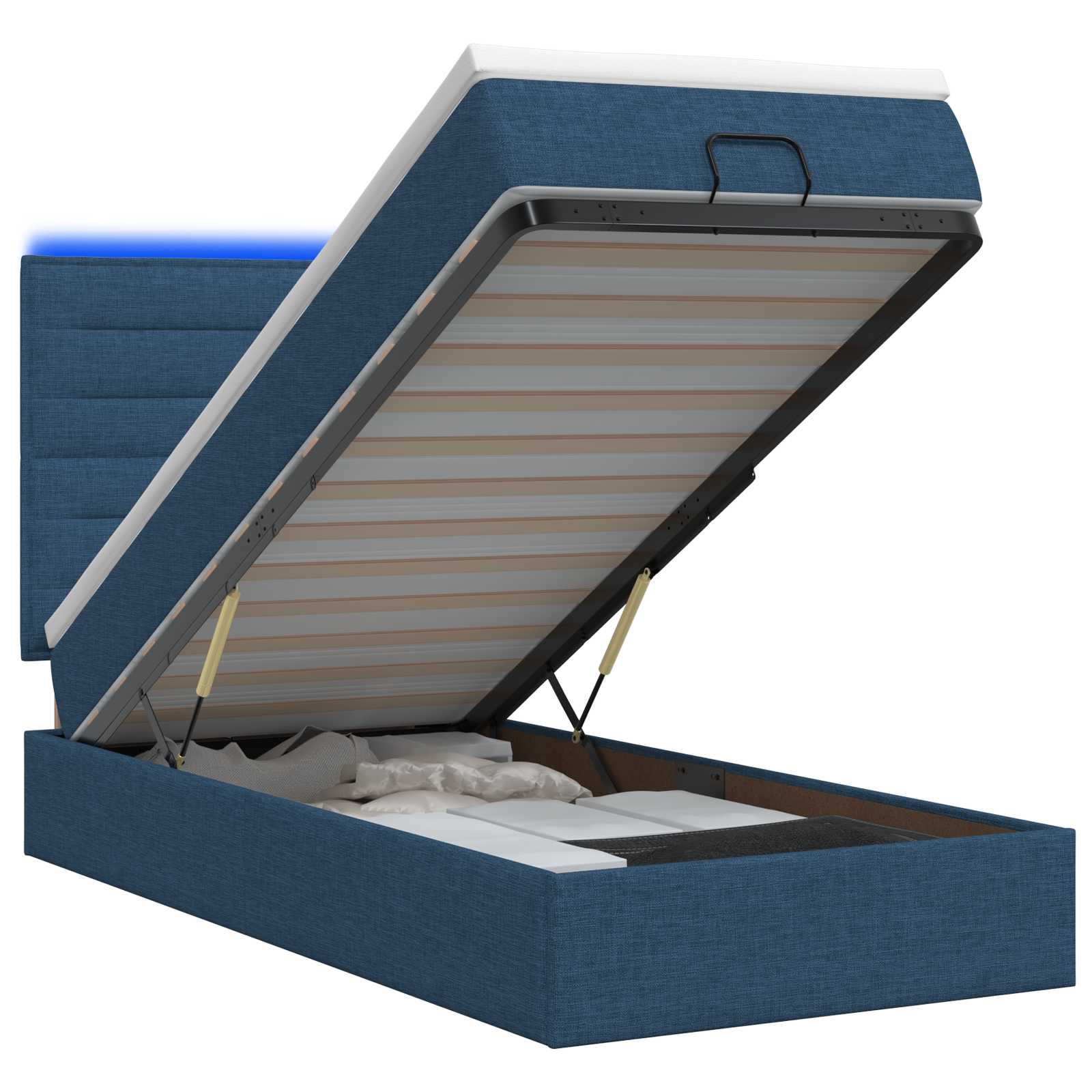 Lit coffre avec matelas et LED Bleu 90 x 190 cm Tissu - XIOS