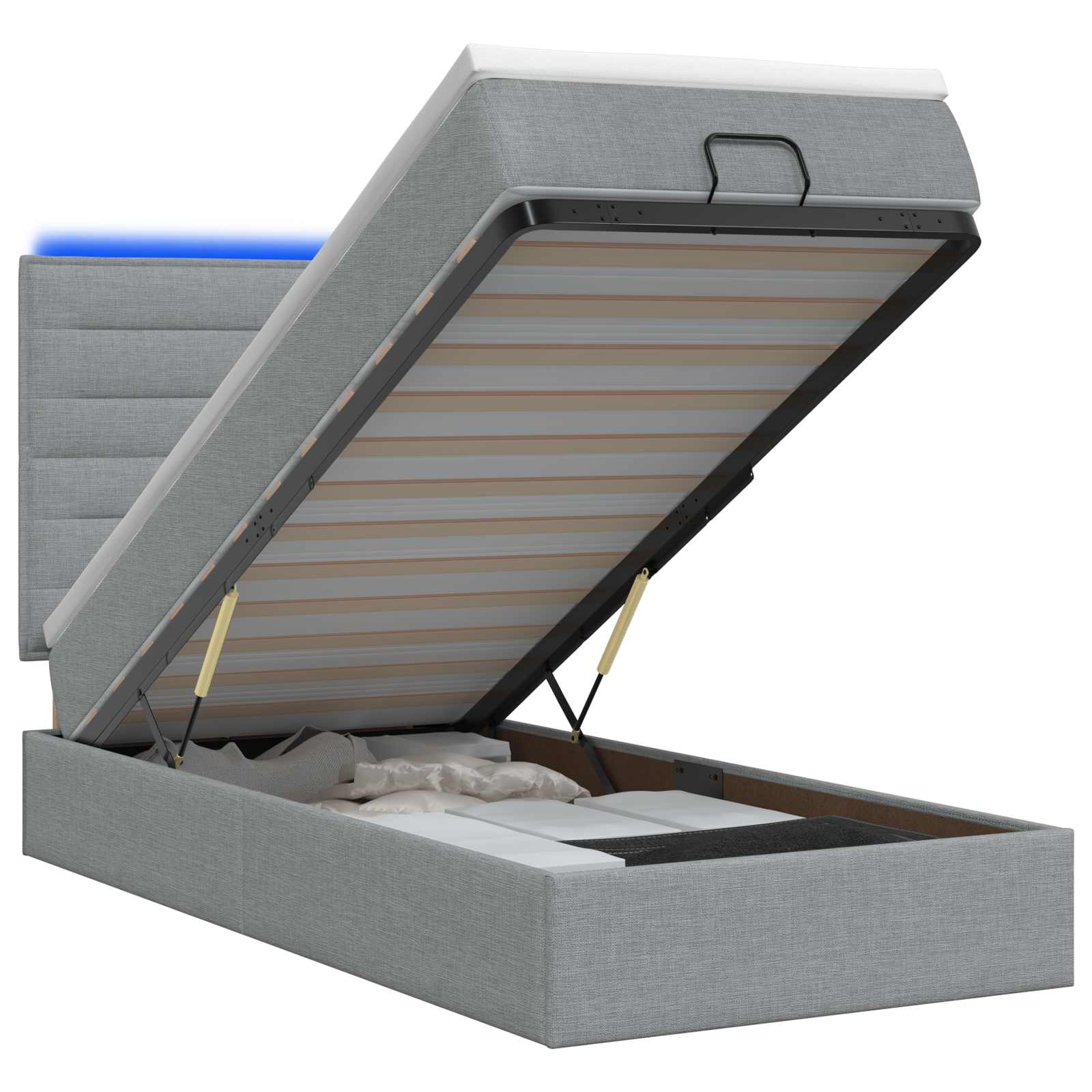 Lit coffre avec matelas et LED Gris clair 100 x 200 cm Tissu - XIOS