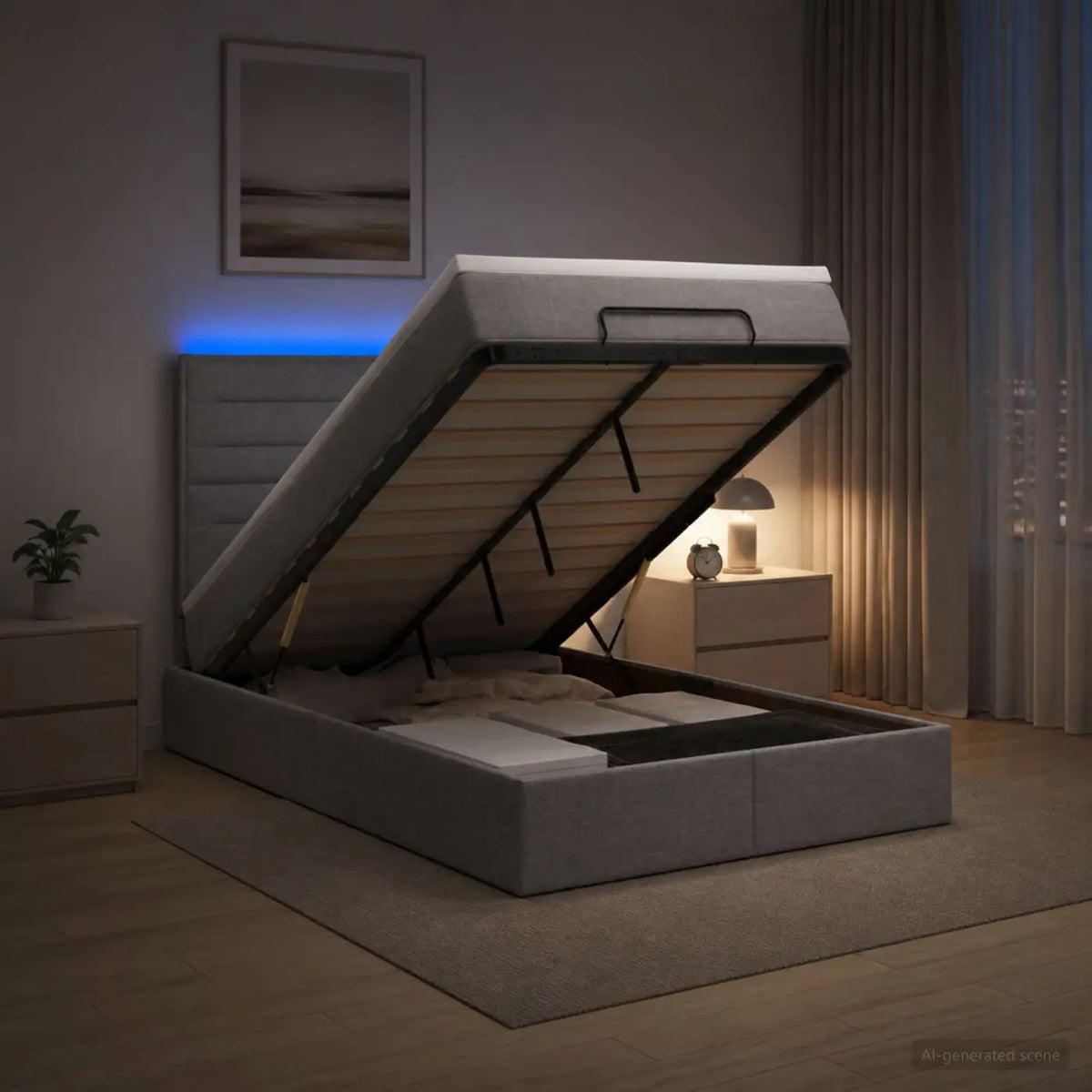 Lit coffre avec matelas et LED Gris clair 120 x 200 cm Tissu - XIOS