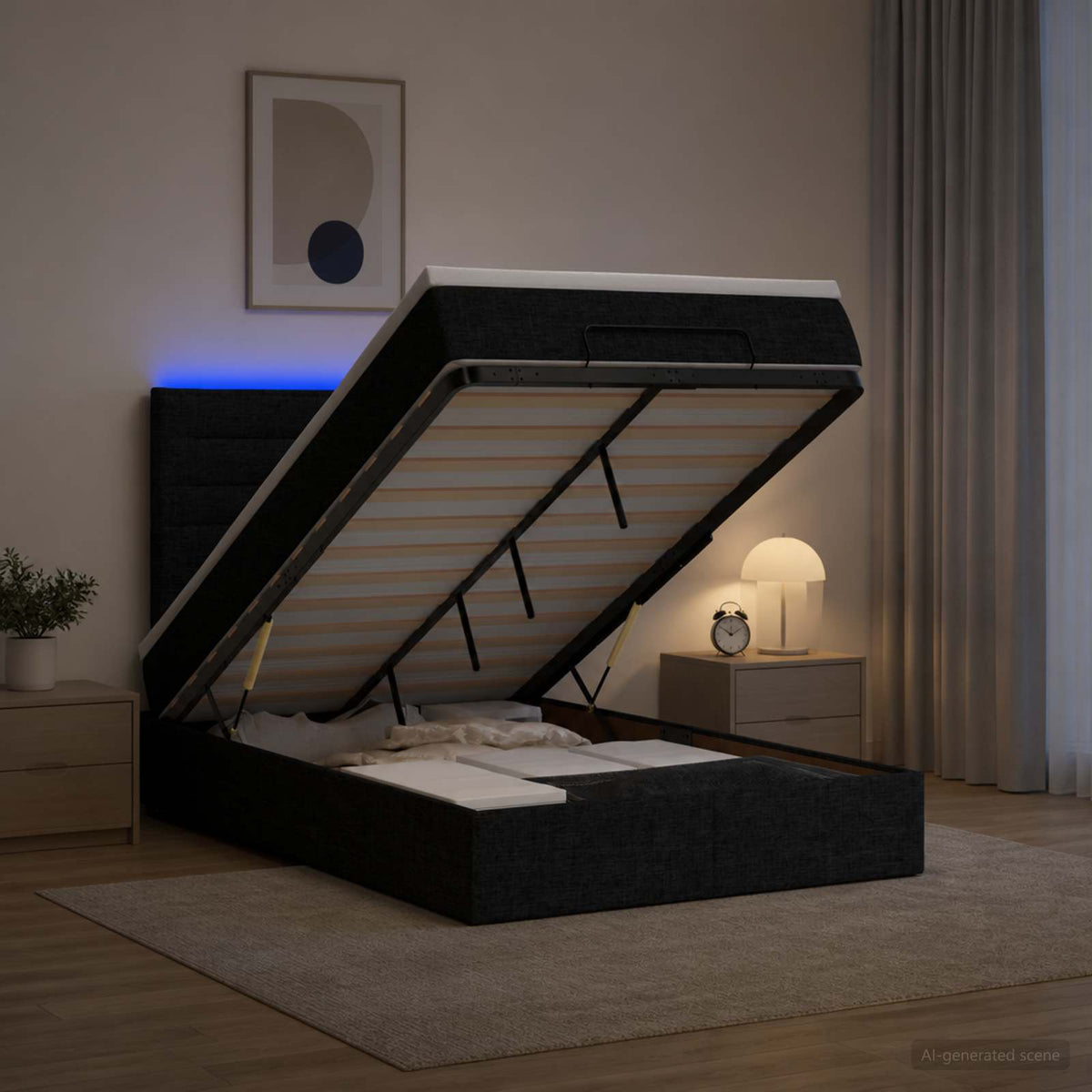 Lit coffre avec matelas et LED Noir 120 x 190 cm Tissu