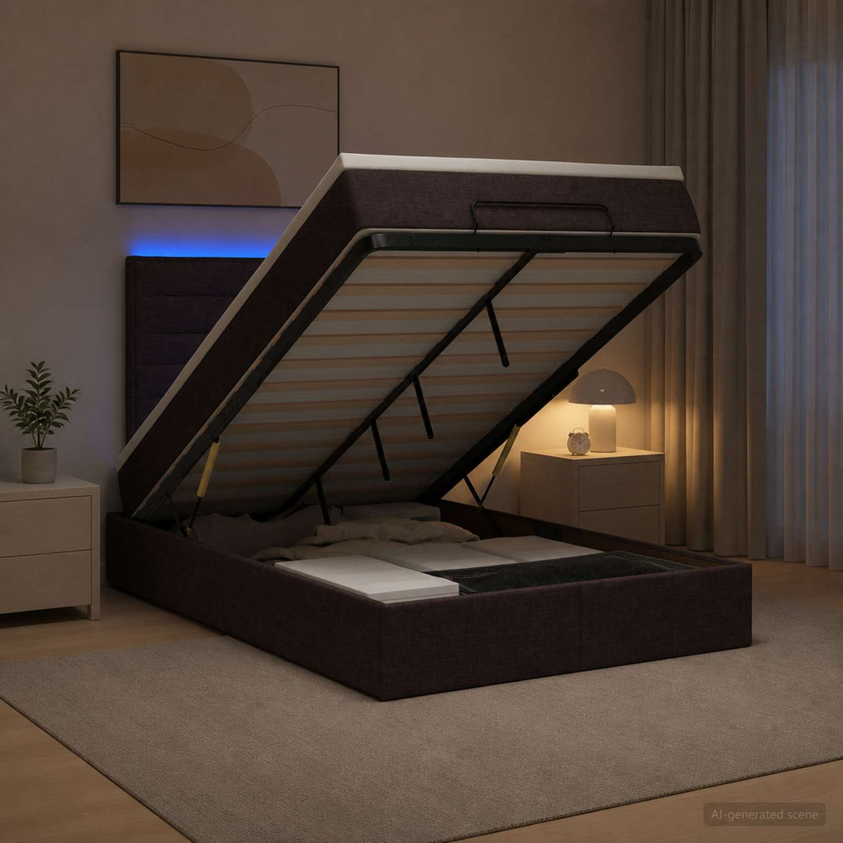 Lit coffre avec matelas et LED Marron foncé 120 x 190 cm Tissu