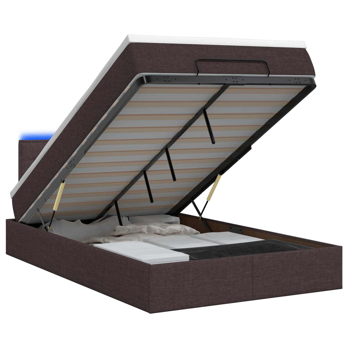Lit coffre avec matelas et LED Marron foncé 120 x 190 cm Tissu
