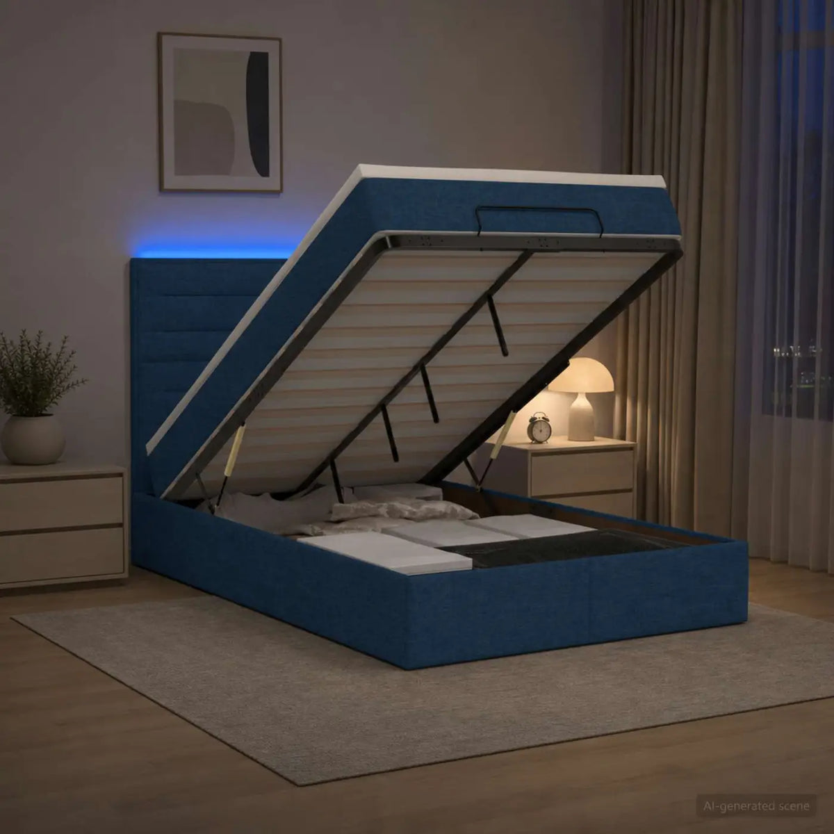 Lit coffre avec matelas et LED Bleu 120 x 200 cm Tissu - XIOS