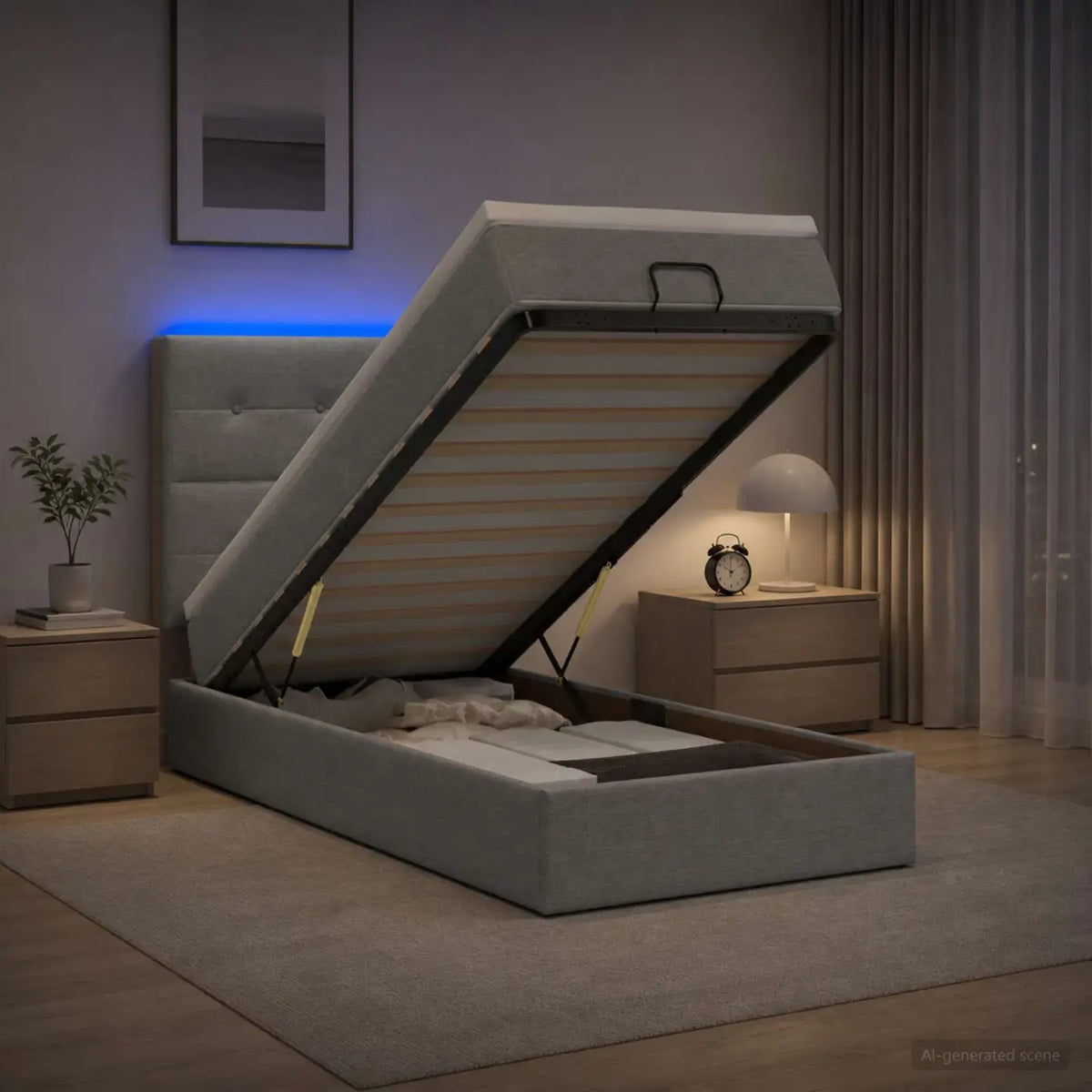 Lit coffre avec matelas et LED Gris clair 90 x 190 cm Tissu - XIOS