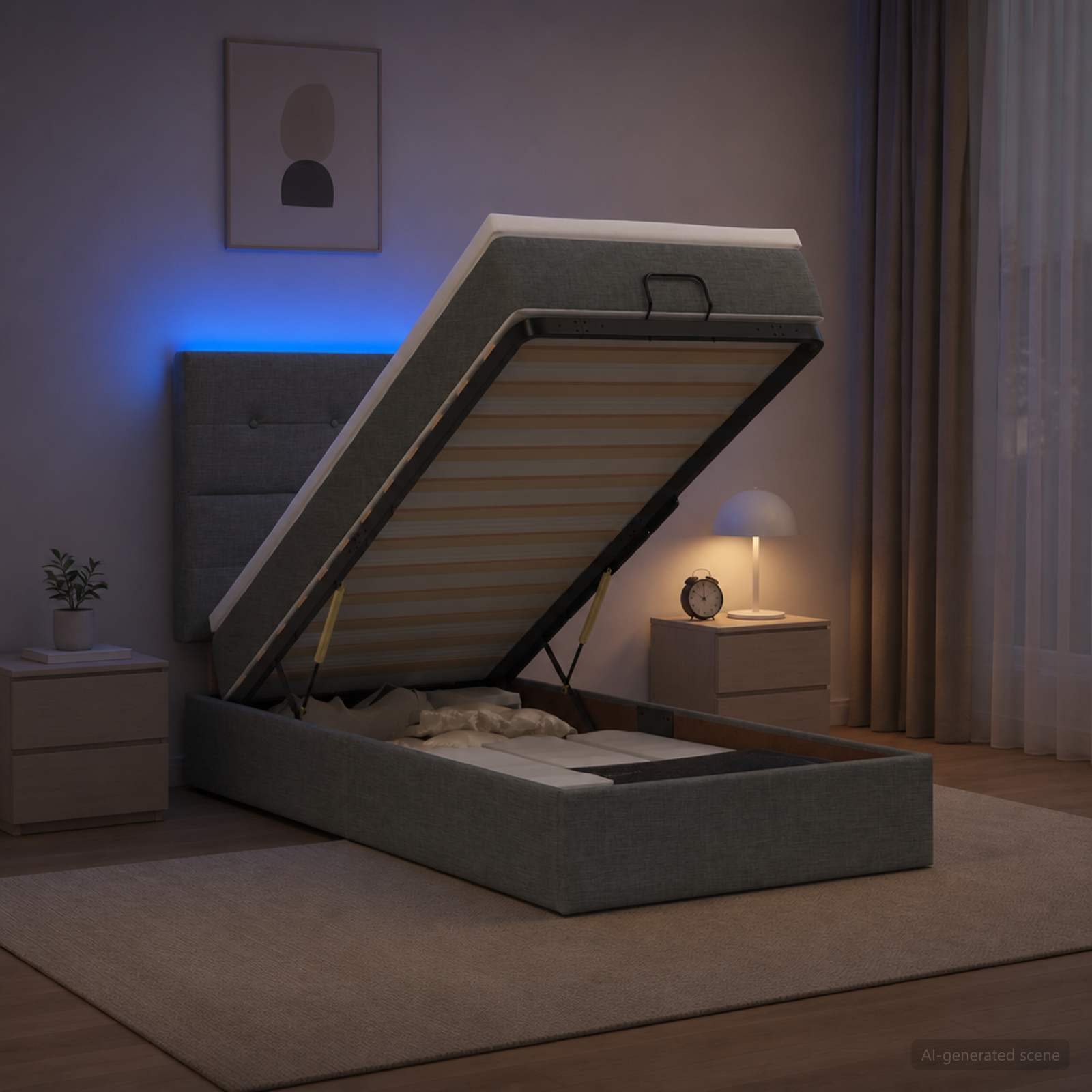 Lit coffre avec matelas et LED Gris foncé 90 x 200 cm Tissu