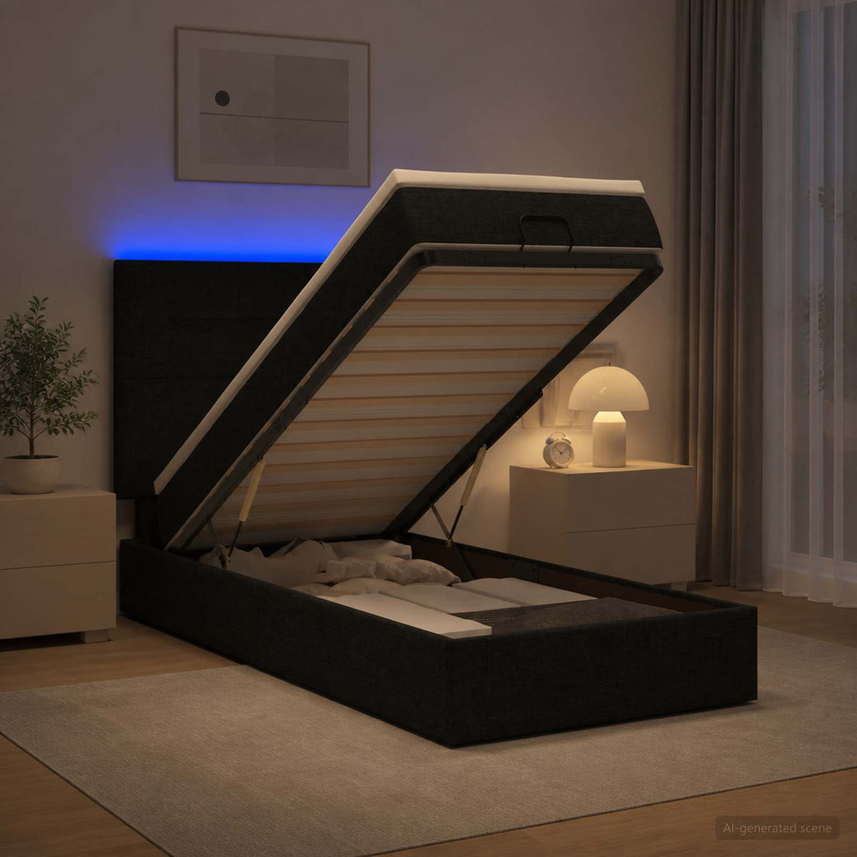 Lit coffre avec matelas et LED Noir 100 x 200 cm Tissu